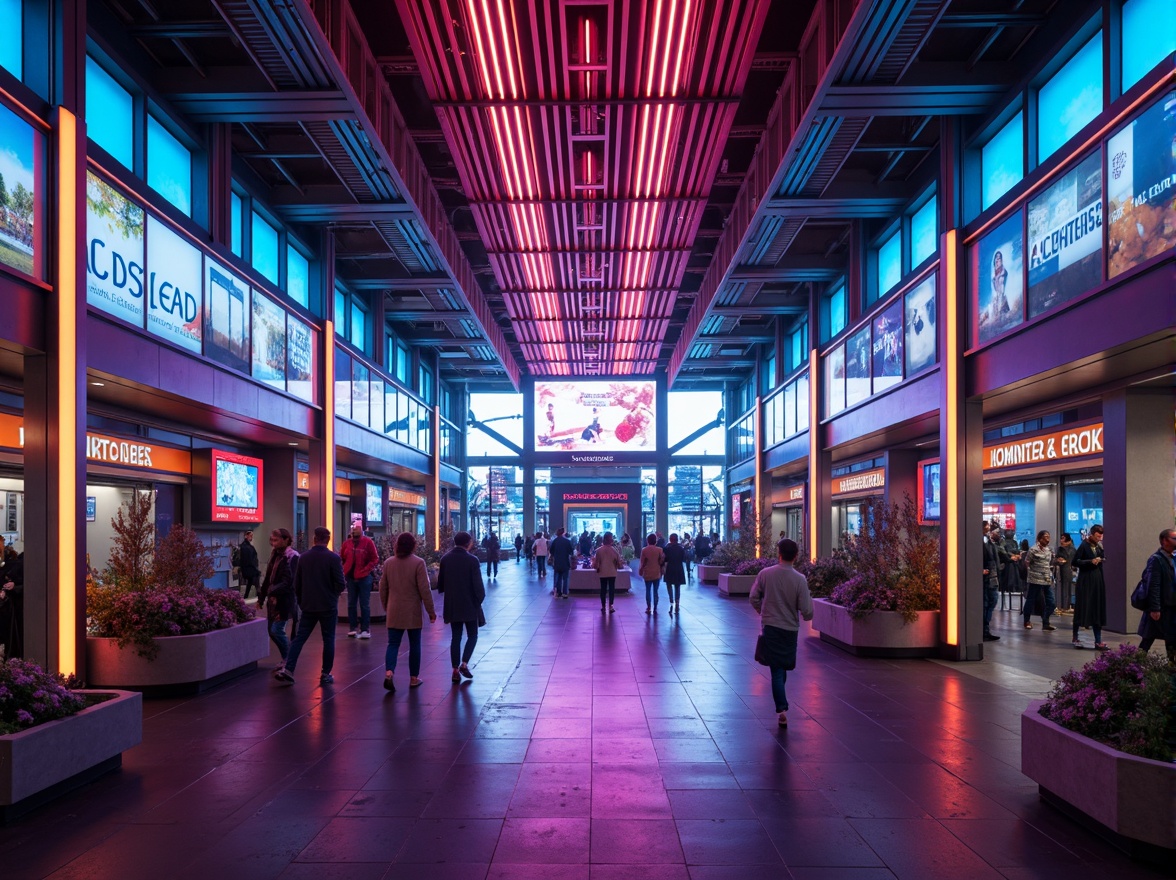 Prompt: Vibrant metro station, futuristic architecture, neon color scheme, dynamic lighting effects, bold typography, stainless steel columns, sleek glass walls, geometric patterns, high-contrast signage, energetic atmosphere, rush hour crowds, urban landscape views, morning sunlight, soft warm glow, shallow depth of field, 1/2 composition, symmetrical framing, realistic textures, ambient occlusion.