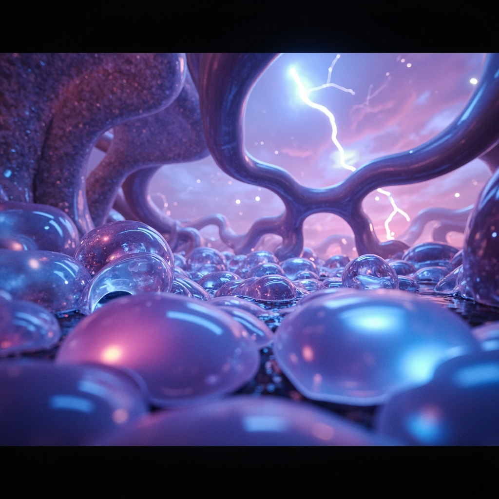 Prompt: Iridescent blob-like structures, translucent membranes, gelatinous textures, soft luminescence, iridescent colors, flowing shapes, organic forms, futuristic ambiance, misty atmosphere, subtle animations, gradient materials, reflective surfaces, holographic effects, neon-lit interiors, dark mysterious backgrounds, eerie glow, ambient Occlusion, 3/4 composition, panoramic view.