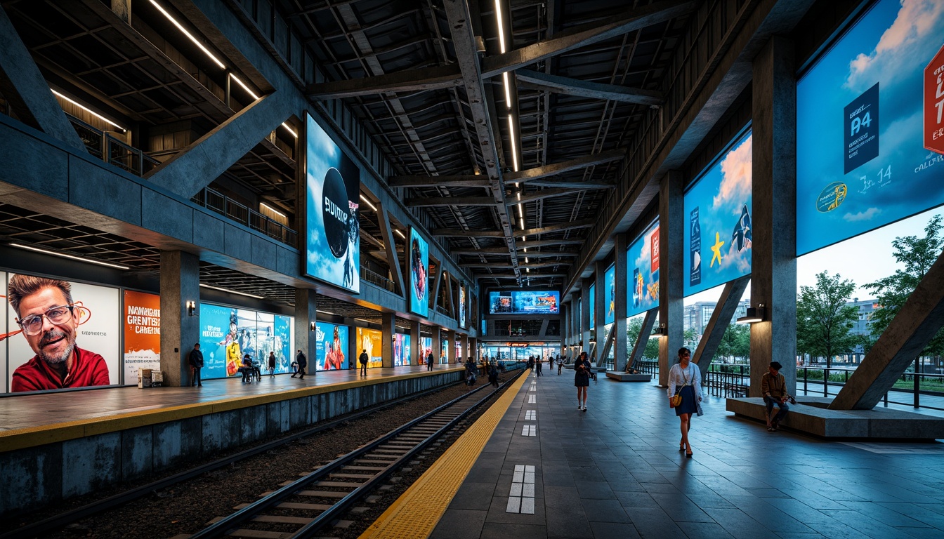 Prompt: Urban metro station, constructivist architecture, angular metal framework, industrial-style lighting, bold concrete structures, geometric patterns, vibrant urban colors, futuristic aesthetic, dynamic lines, abstract sculptures, modern LED displays, large glass windows, cantilevered roofs, asymmetrical compositions, high-contrast shadows, dramatic nighttime illumination, cinematic atmosphere, 1/1 composition, shallow depth of field, realistic textures.