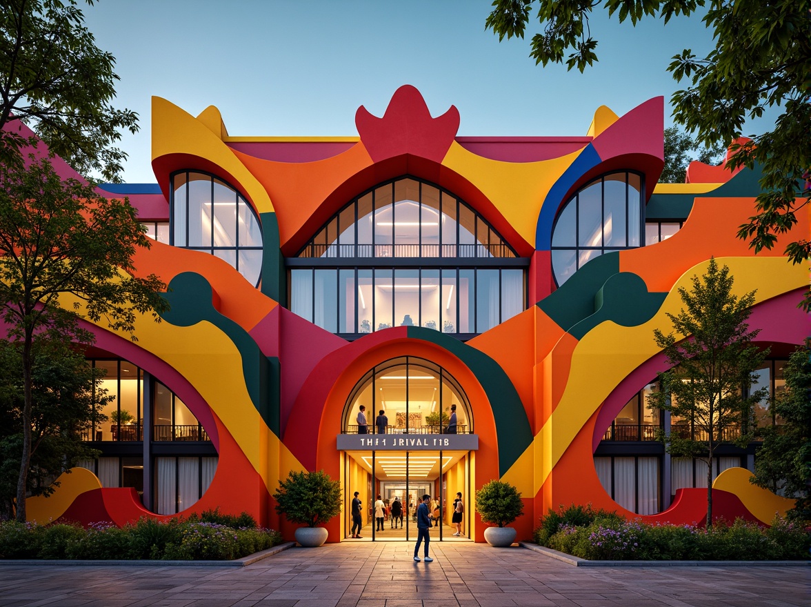 Prompt: Vibrant library facade, expressionist architecture style, irregular shapes, bold colors, dynamic forms, abstract patterns, ornate details, grand entrance, sweeping curves, angular lines, geometric motifs, intricate moldings, warm golden lighting, soft focus, atmospheric perspective, 1/2 composition, shallow depth of field, dramatic shadows, ambient occlusion.