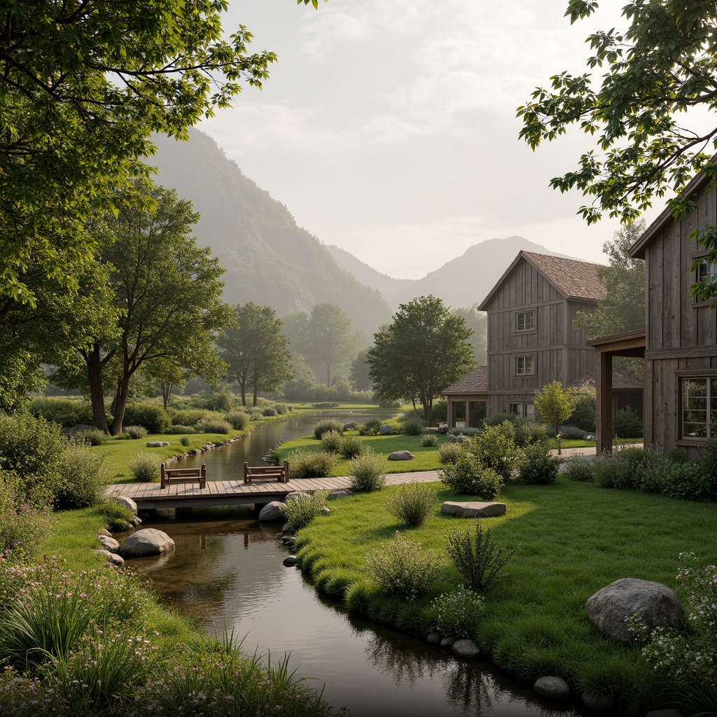 Prompt: Whimsical countryside estate, lush green meadows, wildflower gardens, wooden trellises, stone pathways, rustic bridges, serene lakeside, natural wood accents, reclaimed barn doors, distressed stonewalls, earthy color palette, soft warm lighting, atmospheric mist, 1/1 composition, intimate framing, realistic textures, ambient occlusion.