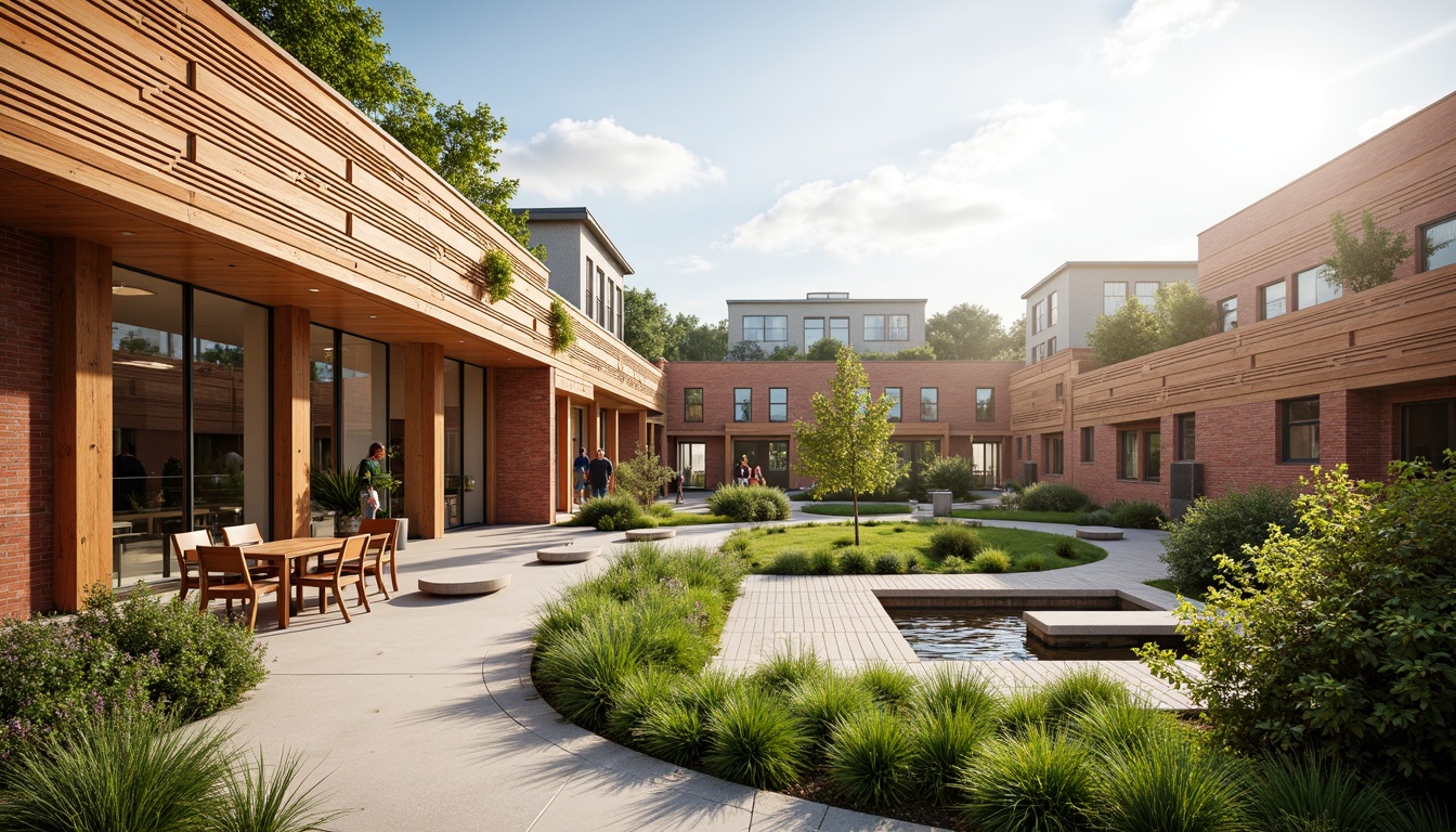 Prompt: Vibrant community center, social housing complex, warm earthy tones, textured brick facade, horizontal wooden accents, large windows, sliding glass doors, inviting entrance canopy, outdoor seating areas, lush green roofs, communal gardens, playground equipment, accessible ramps, natural stone walkways, modern minimalist architecture, energy-efficient systems, solar panels, green walls, urban oasis, morning sunlight, soft warm lighting, shallow depth of field, 3/4 composition, realistic textures, ambient occlusion.