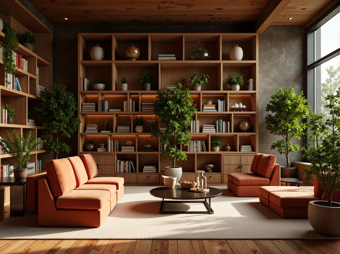 Prompt: Rich wooden shelves, comfortable velvet sofas, warm beige carpets, modern metal desks, sleek glass tables, vibrant green plants, natural stone walls, earthy terracotta floors, cozy reading nooks, soft warm lighting, shallow depth of field, 3/4 composition, realistic textures, ambient occlusion, quiet atmosphere, peaceful ambiance.