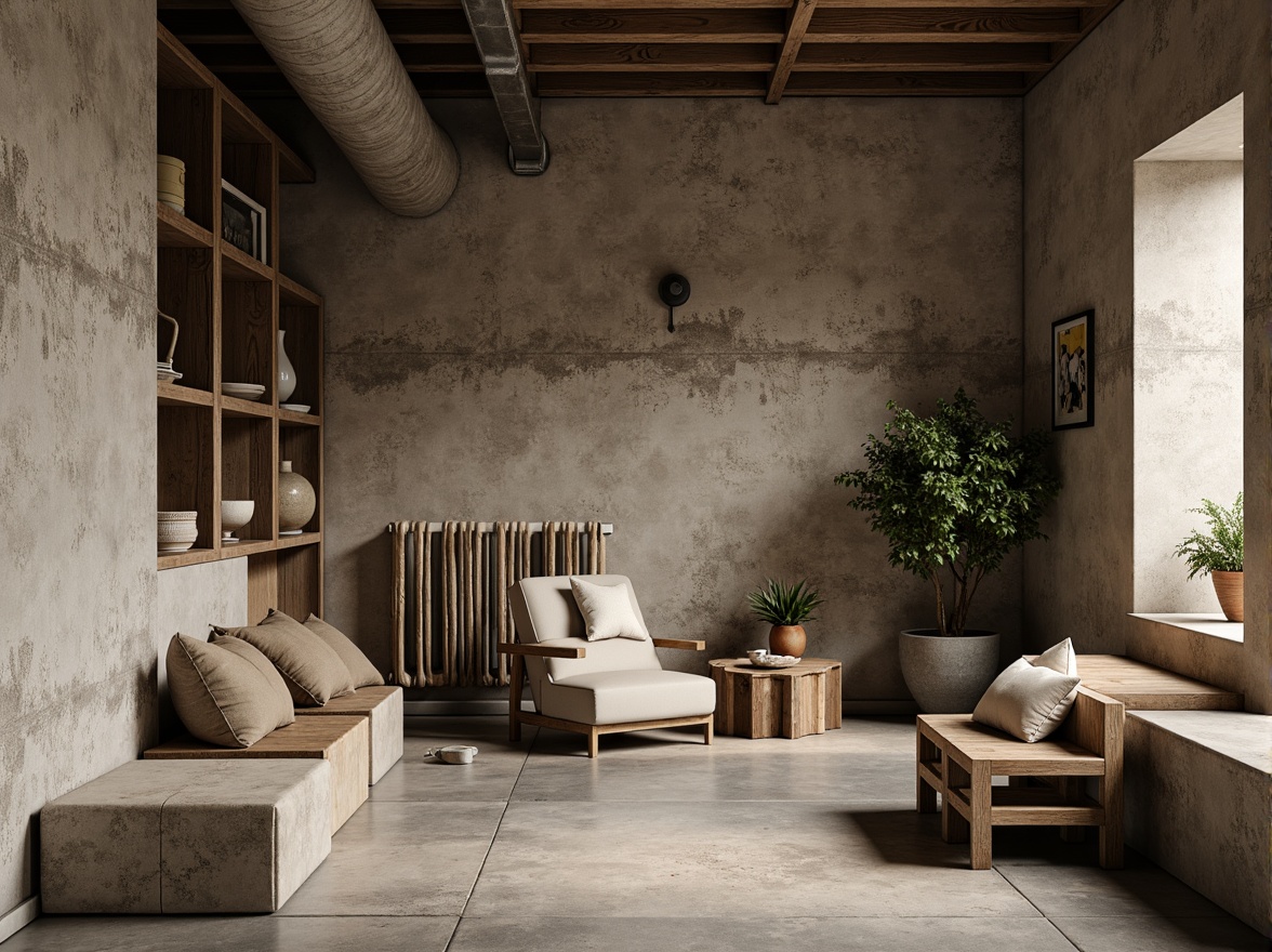 Prompt: Rustic textured walls, rough-hewn concrete, earthy tones, organic forms, natural materials, tactile surfaces, brutalist architecture, industrial chic, urban loft aesthetic, exposed ductwork, steel beams, wooden accents, reclaimed wood furniture, poured concrete floors, matte finishes, ambient lighting, soft shadows, 1/1 composition, atmospheric perspective.