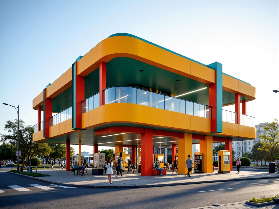 Prompt: Geometric gas station, bold primary colors, rectangular forms, flat roofs, large windows, minimalist design, industrial materials, steel frames, glass fa\u00e7ades, functional simplicity, modernist aesthetics, urban landscapes, busy streets, morning sunlight, shallow depth of field, 1/2 composition, realistic textures, ambient occlusion.