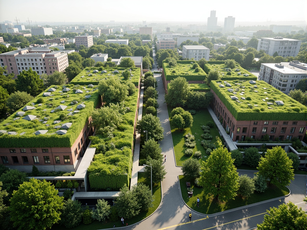 Prompt: Lush green roofs, verdant walls, natural ventilation systems, energy-efficient buildings, sustainable materials, recycling facilities, organic gardens, solar panels, wind turbines, rainwater harvesting systems, grey water reuse, eco-friendly pavements, permeable roads, urban forestry, biodiversity conservation, minimal carbon footprint, climate-resilient design, adaptive reuse of historic buildings, modern ecological architecture, seamless indoor-outdoor connections, abundant natural light, airy open spaces, soft diffused lighting, shallow depth of field, 3/4 composition, panoramic view, realistic textures, ambient occlusion.