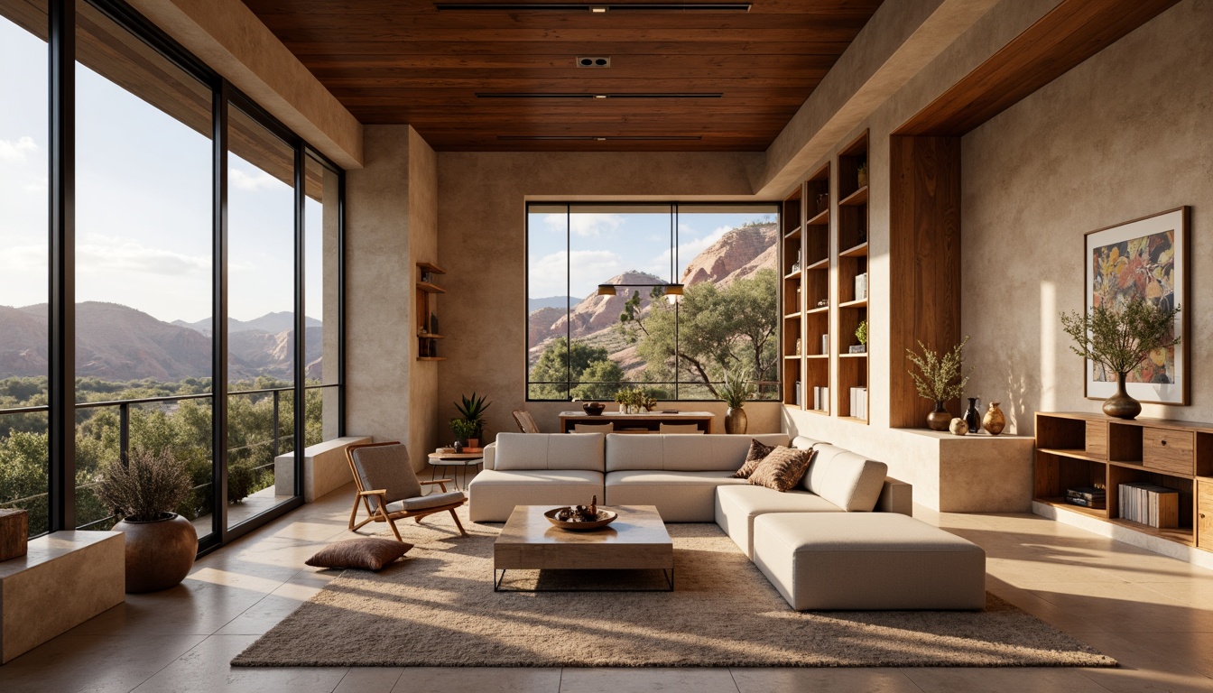 Prompt: Canyon-inspired interior, earthy color palette, natural stone walls, wooden accents, minimalist decor, large windows, panoramic views, cozy reading nooks, built-in shelving, rustic metal lighting fixtures, plush area rugs, comfortable seating areas, warm ambient lighting, soft earth-toned upholstery, organic textures, nature-inspired artwork, Southwestern patterns, geometric shapes, functional open spaces, 1/1 composition, shallow depth of field, realistic renderings.