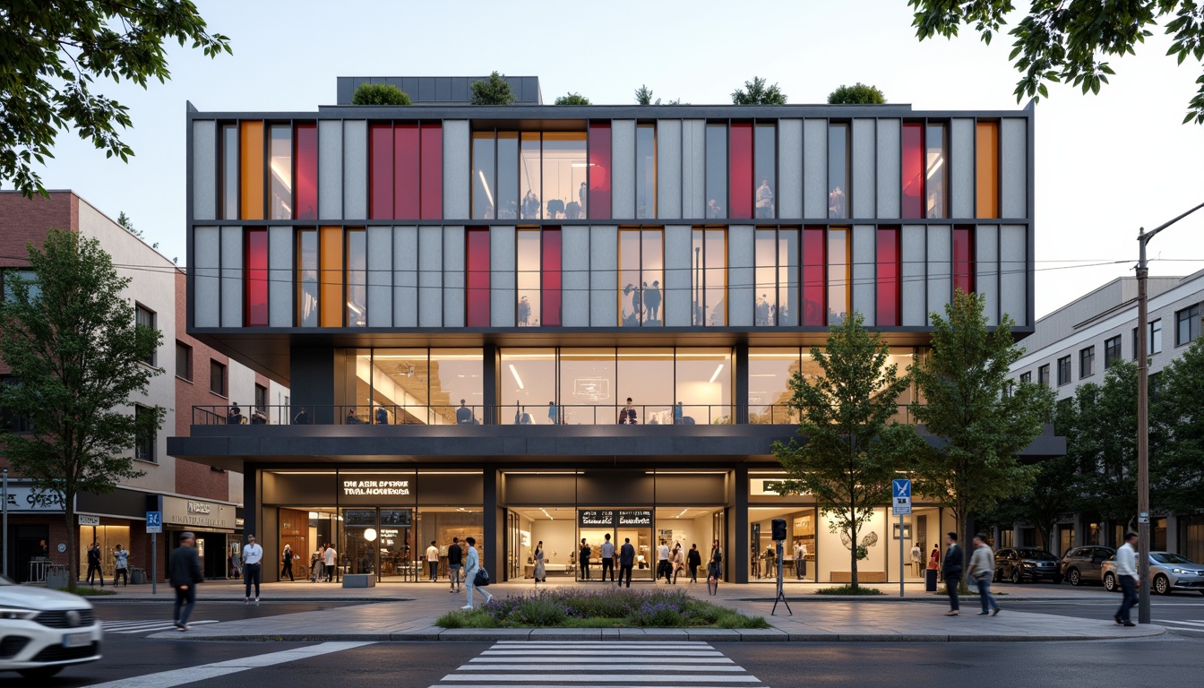 Prompt: Geometric train station facade, industrial materials, functional simplicity, rectangular forms, primary color accents, steel frames, large glass windows, minimalist ornamentation, clean lines, urban landscape, busy city streets, morning commute, soft natural lighting, shallow depth of field, 2/3 composition, symmetrical architecture, abstract typography, modernist aesthetics, functional functionality.