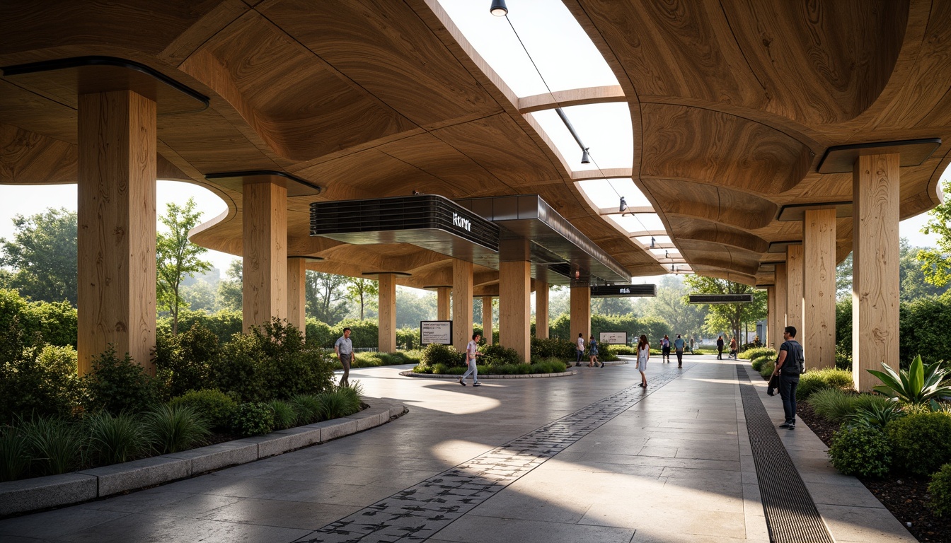 Prompt: Curved tram station, irregular shapes, biomorphic architecture, fluid lines, natural materials, reclaimed wood accents, living green walls, organic patterns, earthy color palette, soft diffused lighting, atmospheric misting system, futuristic transportation hub, sleek metallic details, minimalist signage, geometric patterned floors, undulating ceiling design, ambient occlusion, shallow depth of field, 3/4 composition, realistic textures.