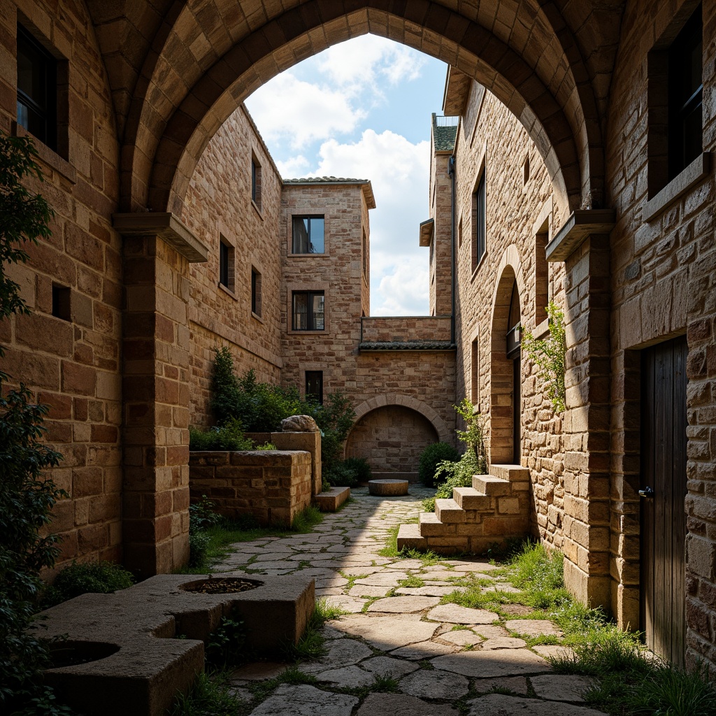 Prompt: Rustic stone walls, rough-hewn granite blocks, weathered brick facades, ornate carvings, gothic arches, medieval-inspired fortifications, distressed textures, earthy tones, moss-covered surfaces, ivy-clad structures, ancient ruins, mysterious ambiance, warm golden lighting, low-angle sunlight, dramatic shadows, 1/2 composition, symmetrical framing, atmospheric perspective, historic preservation.