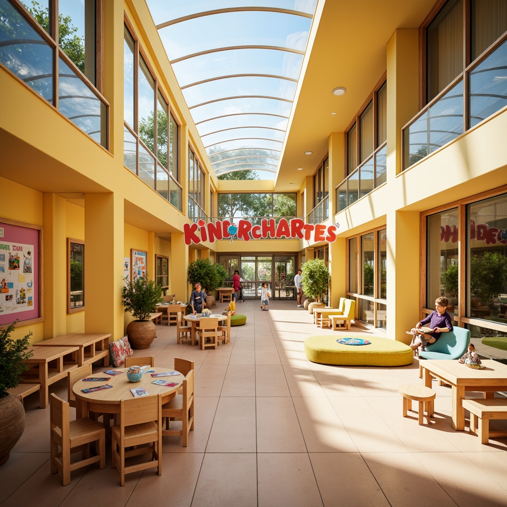 Prompt: Vibrant kindergarten interior, bright color scheme, playful furniture, natural wood accents, large windows, clerestory windows, skylights, transparent glass doors, open floor plan, minimalist decor, educational wall displays, interactive learning tools, cozy reading nooks, soft warm lighting, shallow depth of field, 3/4 composition, panoramic view, realistic textures, ambient occlusion.