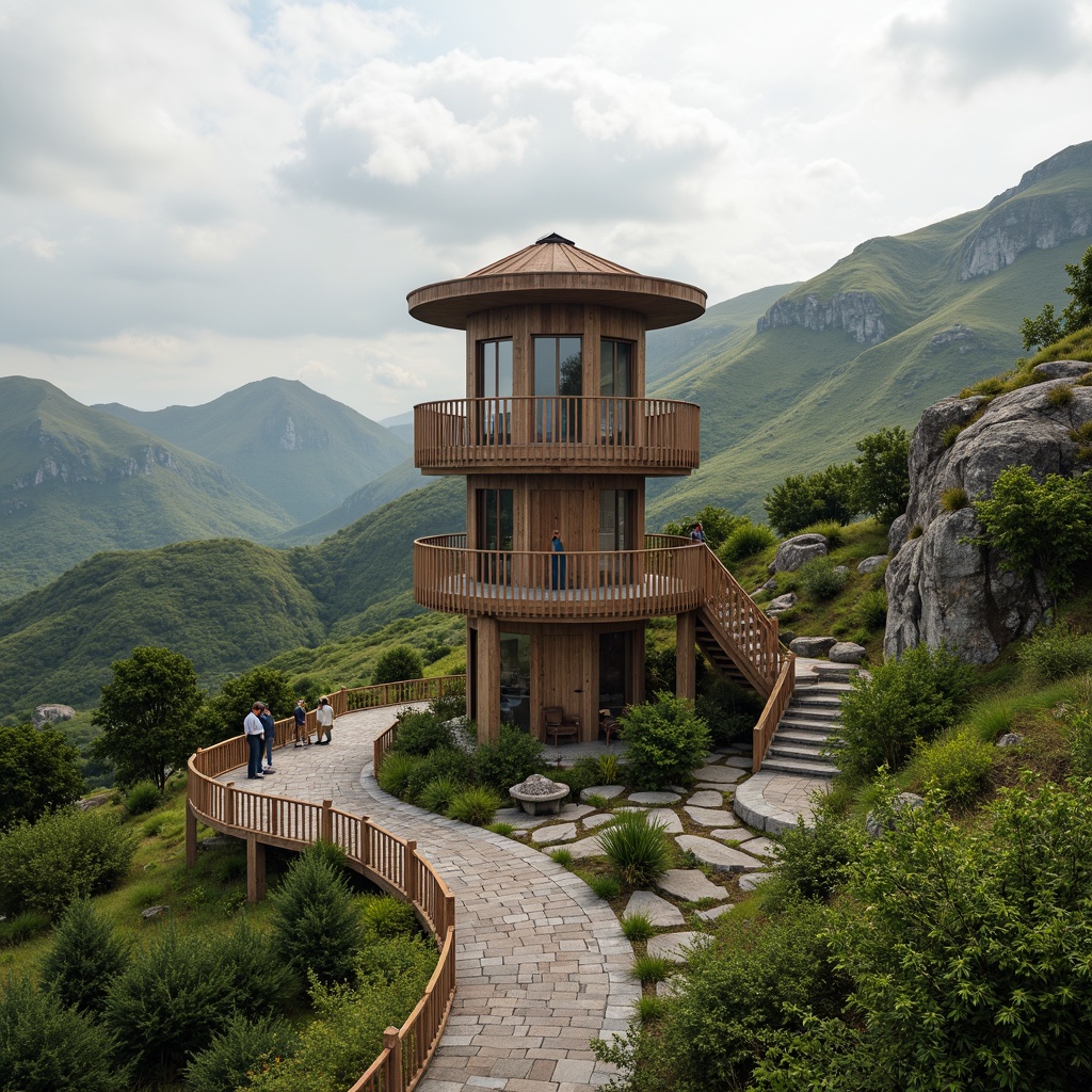 Prompt: Scenic watching tower, harmonious landscape integration, rolling hills, lush greenery, winding stone pathways, wooden decks, panoramic views, binoculars, telescopes, outdoor furniture, natural rock formations, weathered wood accents, earthy color palette, soft warm lighting, shallow depth of field, 3/4 composition, atmospheric mist, realistic textures, ambient occlusion.