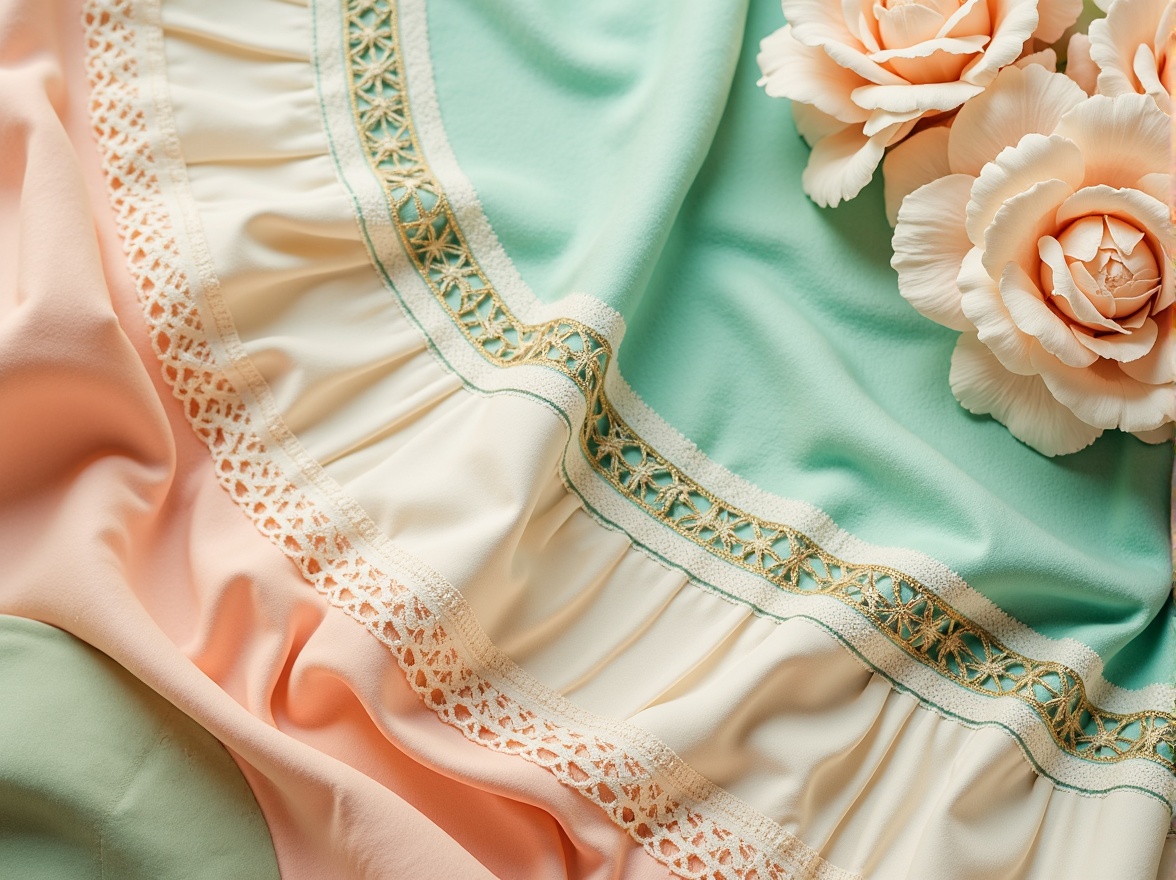 Prompt: Vibrant pastel hues, soft peach tones, calming mint greens, rich turquoise accents, creamy whites, warm beige backgrounds, subtle golden textures, luxurious velvet fabrics, delicate lace patterns, intricate floral motifs, natural earthy undertones, subtle gradient effects, layered transparent overlays, atmospheric misting, dreamy soft focus, 1/2 composition, intimate close-up shots, cinematic color grading.