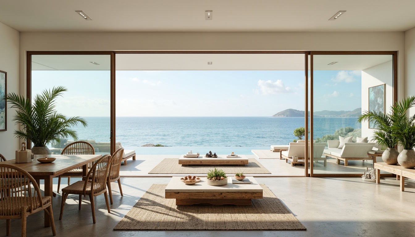 Prompt: Minimalist beachside villa, large windows, sliding glass doors, ocean views, natural light, airy atmosphere, creamy white walls, polished concrete floors, driftwood accents, woven rattan furniture, soft blue-green color scheme, potted tropical plants, woven sea grass rugs, modern minimalist decor, coastal-inspired artwork, ambient LED lighting, 3/4 composition, shallow depth of field, warm sunny day, gentle sea breeze.