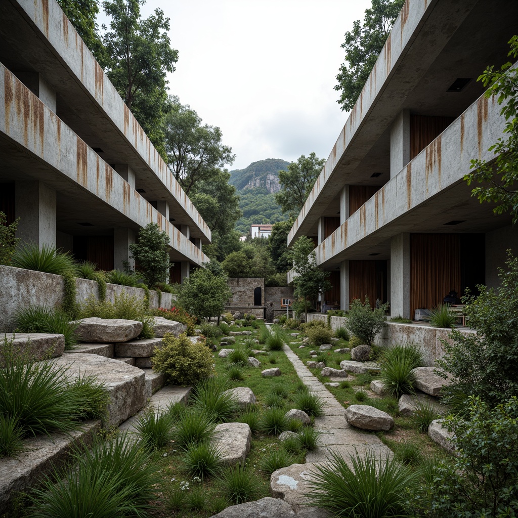 Prompt: Rugged amphitheater, brutalist architecture, concrete structures, cantilevered seating, lush greenery integration, wildflower meadows, rocky outcrops, weathered stone walls, rusted metal accents, overcast sky, dramatic shadows, cinematic lighting, low-angle shot, symmetrical composition, stark textures, atmospheric perspective, natural erosion patterns, earthy color palette, organic shapes, brutalist monumentality, monumental scale, grandeur atmosphere.