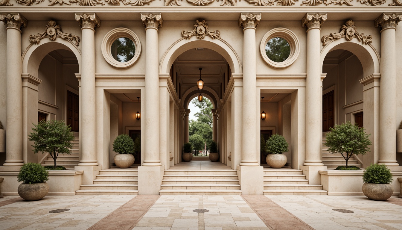 Prompt: Elegant columns, ornate capitals, carved stone facades, symmetrical compositions, grand entranceways, sweeping staircases, intricate moldings, ornamental pediments, rusticated bases, pilasters, arched windows, decorative cornices, classical proportions, harmonious balance, soft natural light, warm beige tones, rich marble textures, subtle shadowing, high contrast ratio, 1/2 composition, close-up shots, detailed rendering, realistic materials.