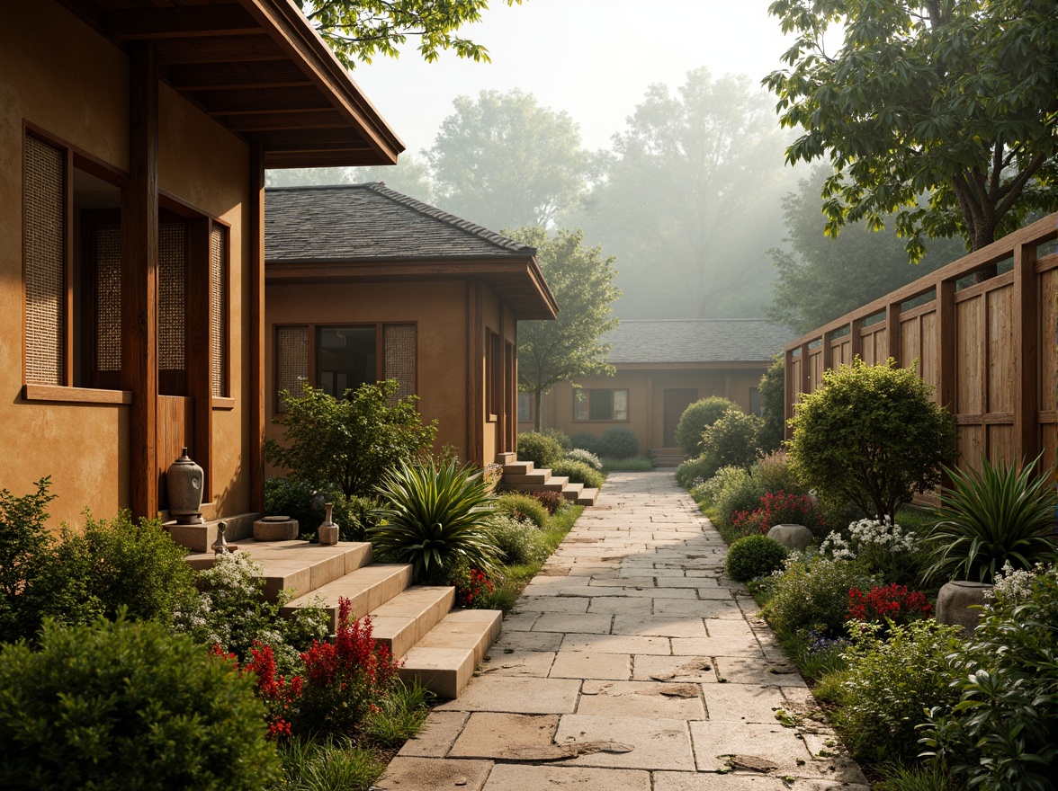 Prompt: Traditional village setting, earthy tones, locally sourced materials, natural stone walls, wooden accents, thatched roofs, rustic doors, woven bamboo fences, lush greenery, vibrant flowers, misty morning atmosphere, soft warm lighting, shallow depth of field, 3/4 composition, panoramic view, realistic textures, ambient occlusion.