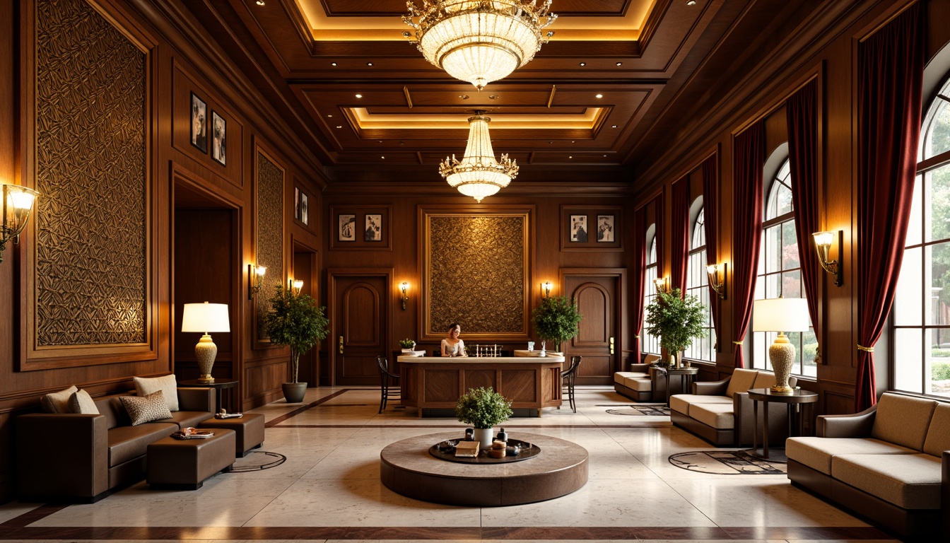 Prompt: Luxurious bank interior, Art Deco style, rich wood paneling, ornate metal fixtures, geometric patterns, intricate moldings, high ceilings, grand chandeliers, marble floors, velvet drapes, elegant furnishings, vintage decorative accents, sophisticated color palette, warm golden lighting, shallow depth of field, 1/2 composition, realistic textures, ambient occlusion.