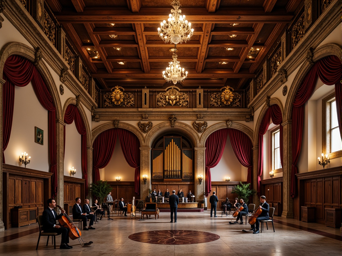 Prompt: Renaissance-style concert hall, ornate decorations, grand chandeliers, wooden acoustic panels, vaulted ceilings, intricate stone carvings, rich velvet drapes, polished marble floors, gilded accents, classical musical instruments, warm soft lighting, shallow depth of field, 3/4 composition, panoramic view, realistic textures, ambient occlusion.