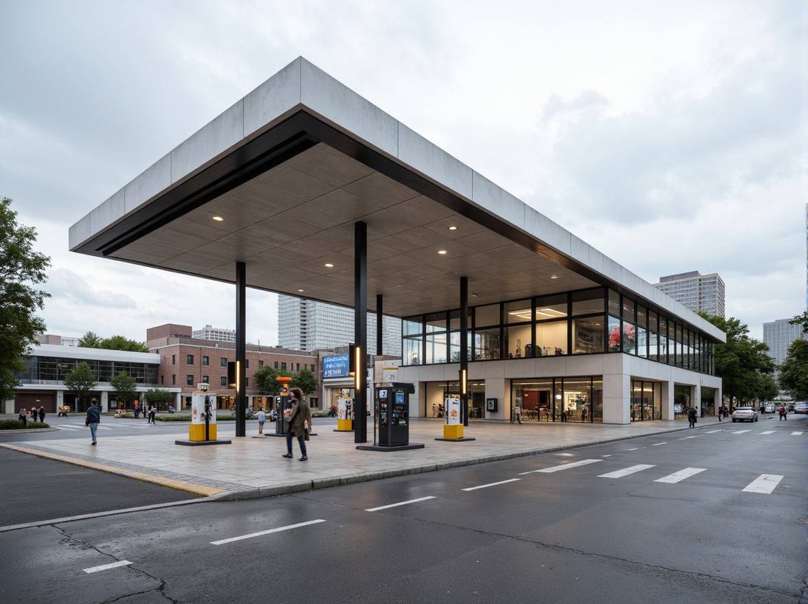 Prompt: Functional gas station, minimalist architecture, clean lines, geometric shapes, industrial materials, steel beams, concrete floors, large windows, glass doors, open spaces, modernist design, functional layout, efficient traffic flow, ample parking, urban infrastructure, cityscape views, cloudy day, soft natural lighting, shallow depth of field, 1/1 composition, realistic textures, ambient occlusion.