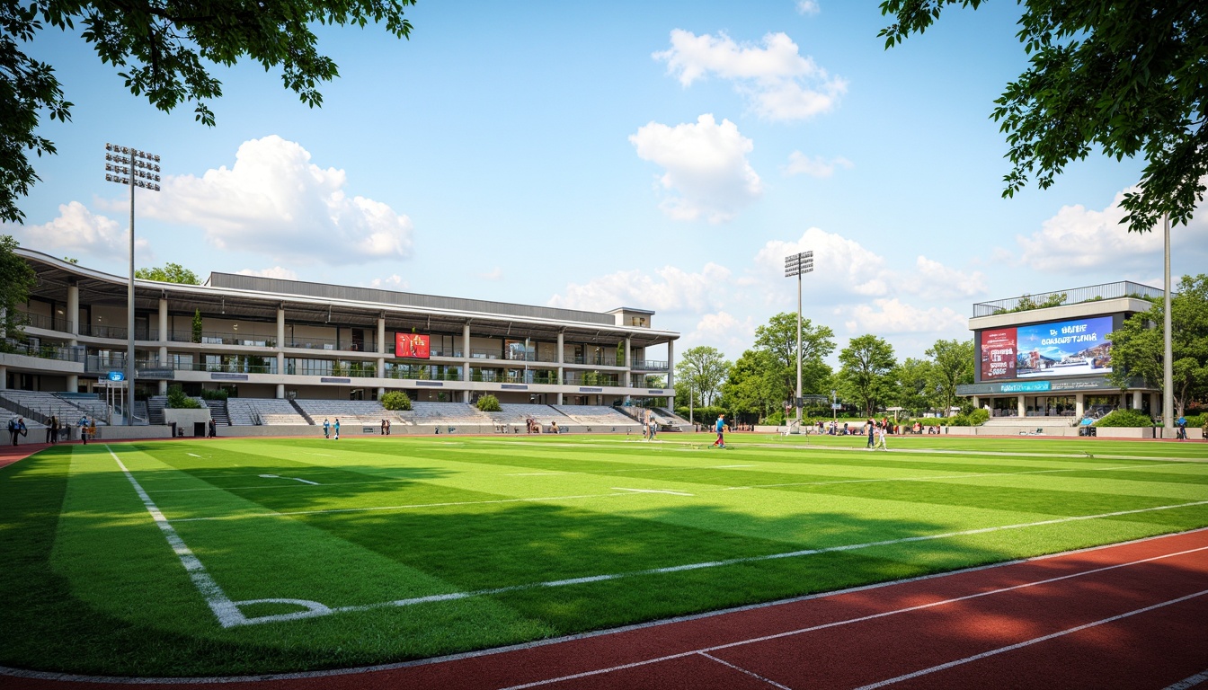 Prompt: \Vibrant sports stadium, lush green grass, athletic tracks, modern scoreboard, sleek metal bleachers, durable synthetic turf, rubberized flooring, weather-resistant canopies, eco-friendly recyclable materials, innovative drainage systems, natural stone walls, bright LED lighting, panoramic views, shallow depth of field, 3/4 composition, realistic textures, ambient occlusion.\