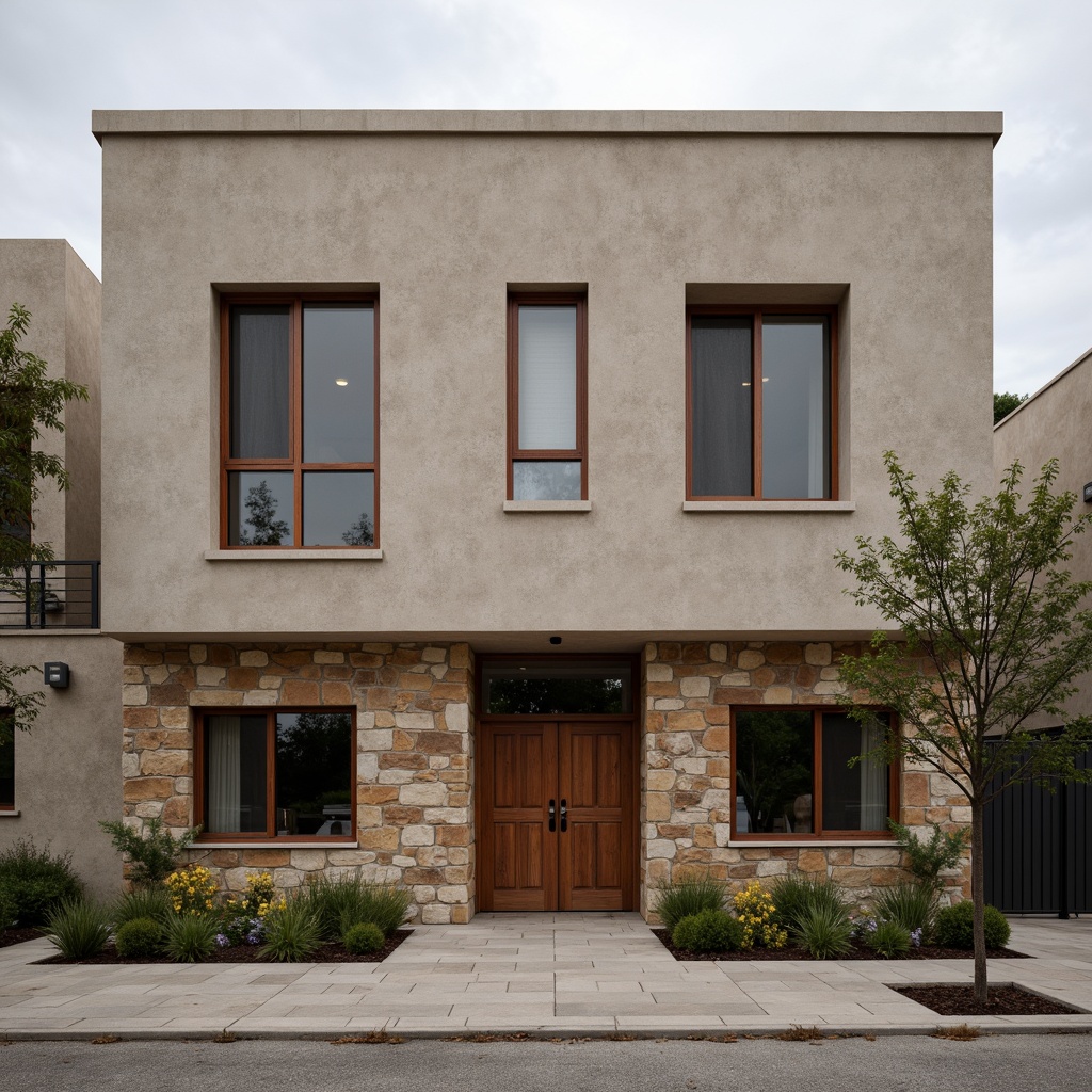 Prompt: Rustic modern building, plastered concrete facade, rough textured walls, earthy tone color scheme, natural stone accents, wooden door frames, steel windows, minimalist design, industrial chic aesthetic, urban cityscape background, cloudy day with soft diffused lighting, shallow depth of field, 1/2 composition, realistic material textures, ambient occlusion.