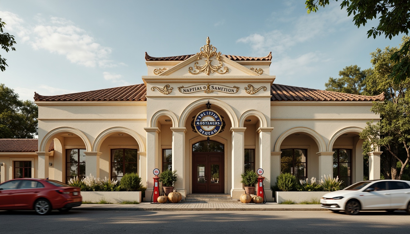 Prompt: Elegant gas station, neoclassical architecture, cream-colored stone walls, ornate columns, golden accents, rich brown roofs, subtle arches, vintage pumps, retro-style signage, nostalgic color scheme, earthy tones, muted reds, deep blues, warm whites, soft yellows, ornamental moldings, refined typography, subtle lighting, afternoon sunbeams, shallow depth of field, 1/1 composition, realistic textures, ambient occlusion.