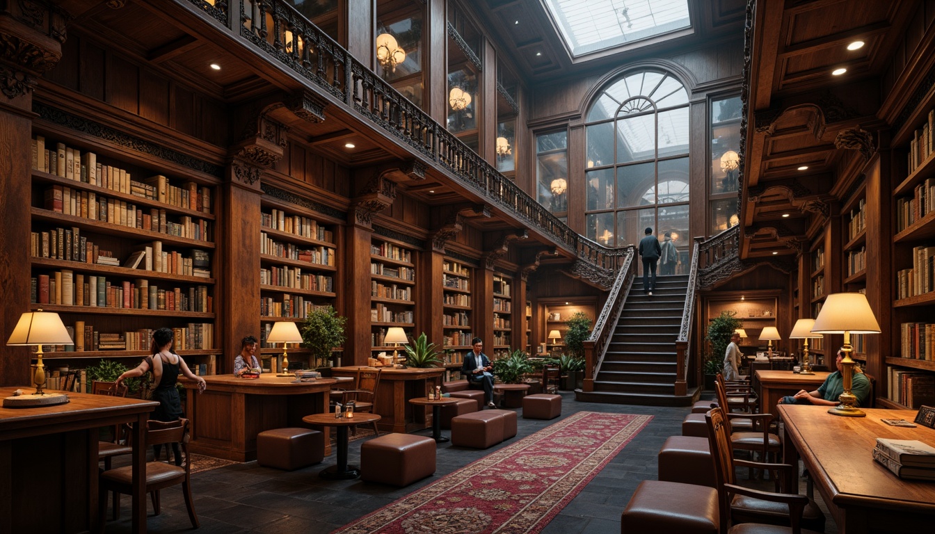 Prompt: Rich walnut wood tones, vintage leather-bound books, warm golden lighting, cozy reading nooks, ornate metal fixtures, intricate stone carvings, majestic high ceilings, grand staircases, dramatic archways, mysterious shadowy corners, atmospheric foggy day, soft box lighting, shallow depth of field, 1/1 composition, realistic textures, ambient occlusion.