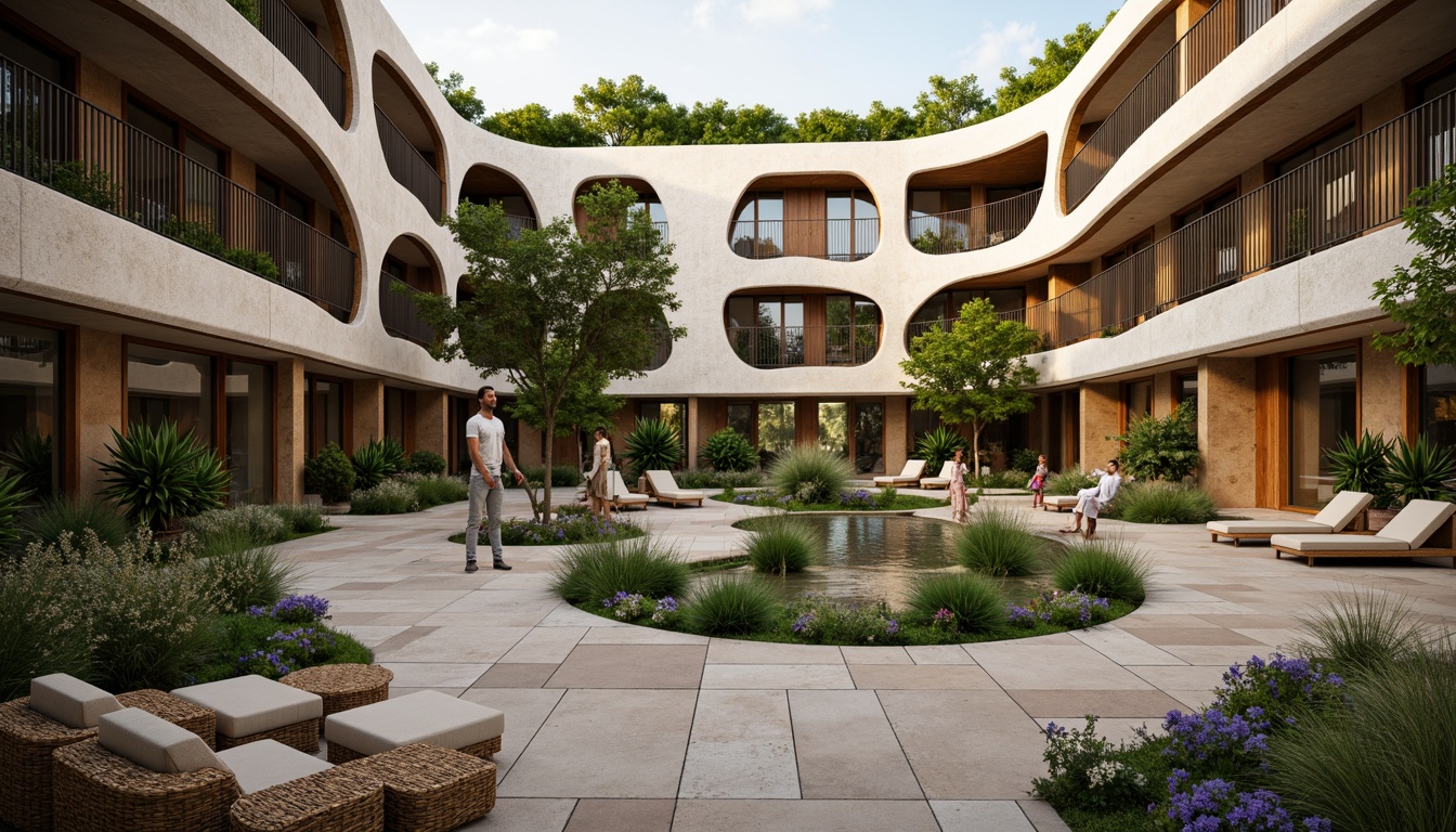 Prompt: Earthy tone apartment complex, organic curves, natural stone fa\u00e7ade, reclaimed wood accents, lush green walls, living roofs, verdant balcony gardens, floor-to-ceiling windows, minimalist decor, earthy color palette, soft warm lighting, cozy nooks, curved lines, wavy patterns, botanical prints, natural textiles, woven fibers, rattan furniture, organic shapes, free-flowing spaces, open floor plans, 1/1 composition, realistic renderings, ambient occlusion.