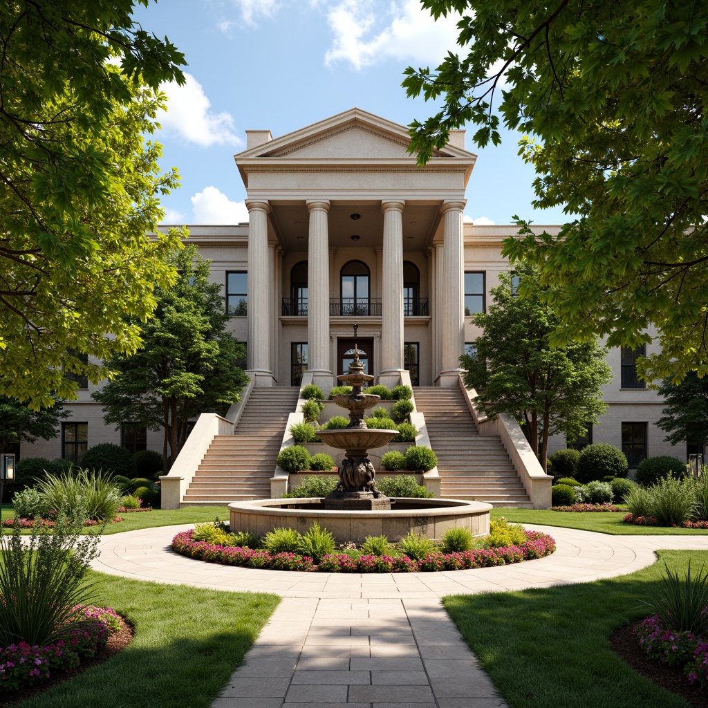 Prompt: Manicured lawn, ornate fountains, blooming flower beds, majestic trees, historic courthouse building, classicist architecture, grand staircase, Corinthian columns, symmetrical facade, elegant archways, decorative stonework, weathered bronze statues, vibrant seasonal flora, lush greenery, sunny day, soft warm lighting, shallow depth of field, 3/4 composition, panoramic view, realistic textures, ambient occlusion.