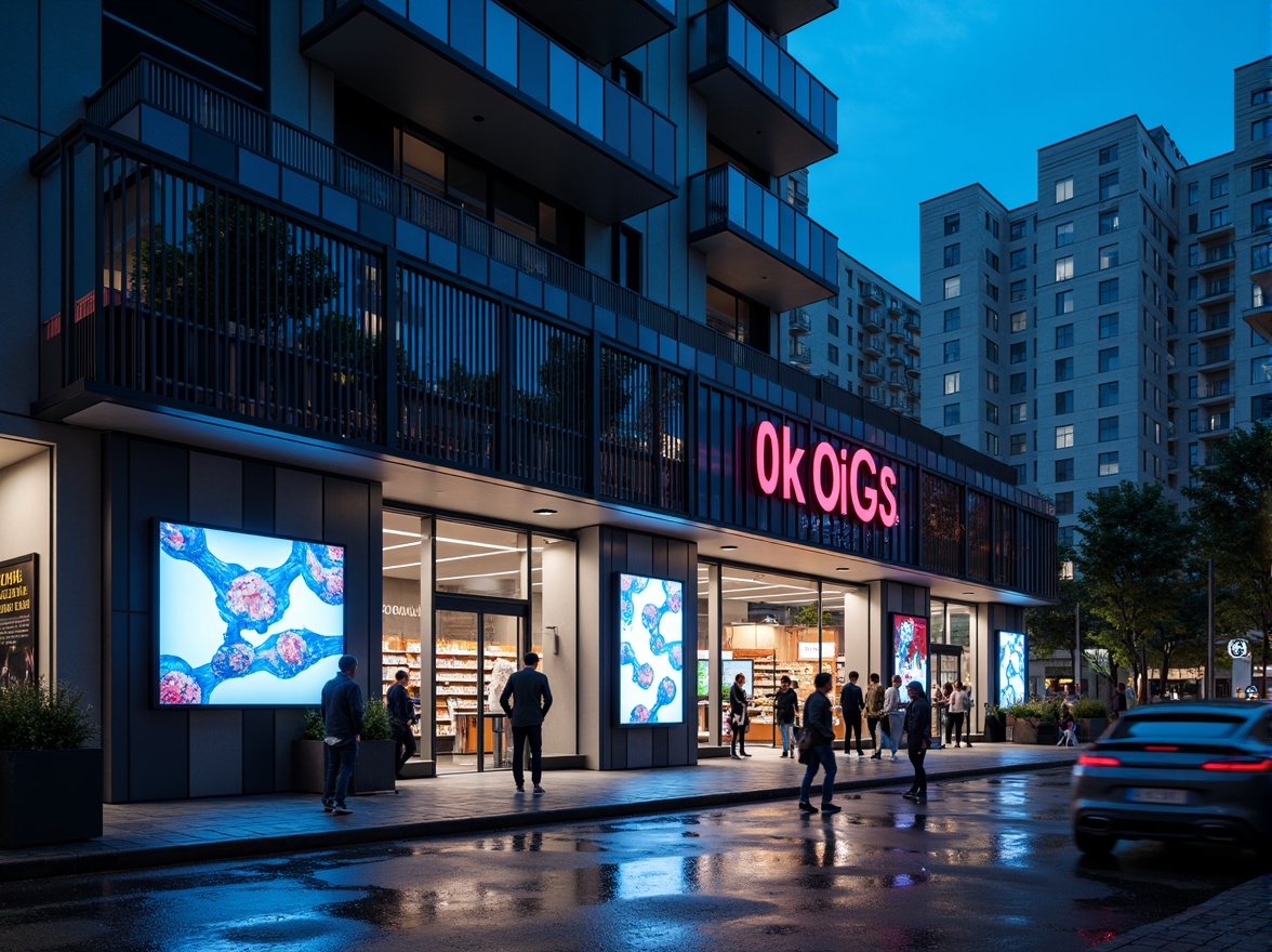 Prompt: Futuristic grocery store facade, neon lights, sleek metal panels, angular lines, minimalist design, automated sliding doors, LED signage, holographic advertisements, urban cityscape, bustling streets, evening atmosphere, cool blue tones, soft gradient lighting, shallow depth of field, 1/1 composition, realistic reflective surfaces, ambient occlusion.