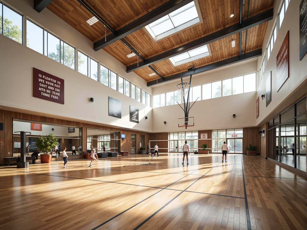 Prompt: Well-lit gymnasium interior, large windows, clerestory windows, skylights, natural light pouring in, bright and airy atmosphere, polished wooden floors, modern sports equipment, basketball hoops, volleyball nets, athletic tracks, exercise machines, mirrored walls, motivational quotes, inspirational posters, sleek metal beams, minimalist design, high ceilings, open spaces, soft warm lighting, shallow depth of field, 3/4 composition, realistic textures, ambient occlusion.