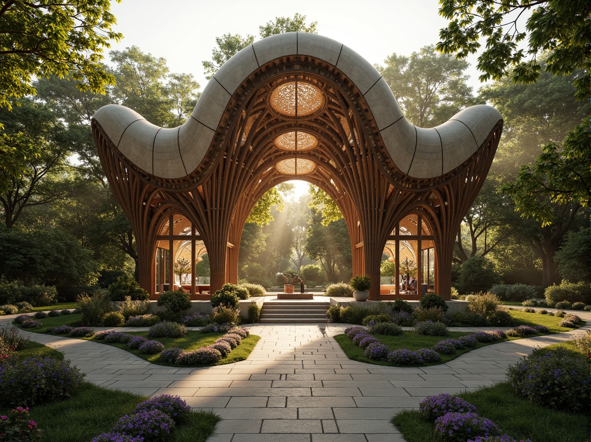 Prompt: Organic pavilion, flowing curves, ornate details, vibrant flower patterns, lush greenery, meandering walkways, natural stone walls, Art Nouveau motifs, intricate metalwork, stained glass windows, grand entrance, symmetrical composition, warm golden lighting, soft focus, shallow depth of field, 1/1 aspect ratio, realistic textures, ambient occlusion, serene atmosphere, tranquil water features, surrounding forest, misty morning, gentle breeze.