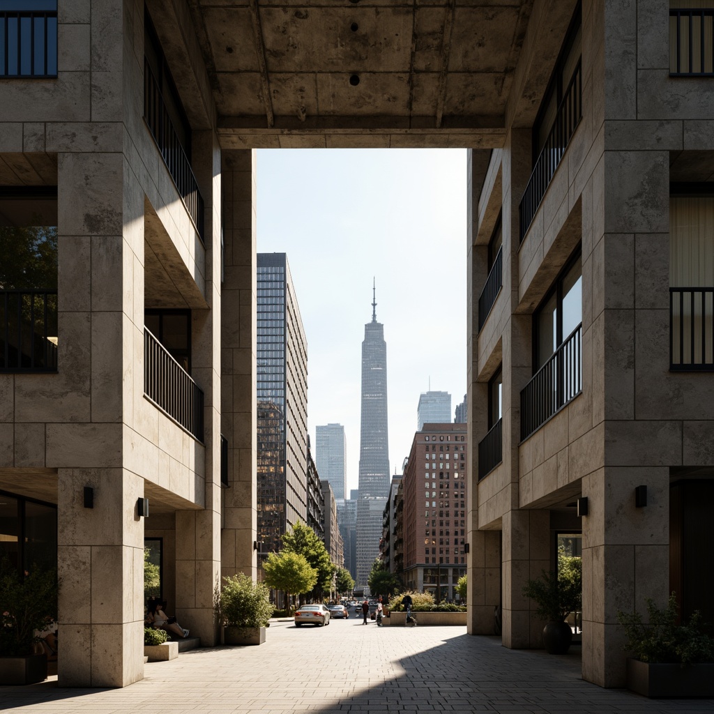 Prompt: Rough-hewn stone walls, brutalist concrete structures, raw metal beams, industrial-style pipes, minimalist ornamentation, functional simplicity, clean lines, geometric shapes, monochromatic color scheme, natural light pouring through large windows, urban cityscape background, busy streets, modern skyscrapers, dense population, warm afternoon lighting, shallow depth of field, 2/3 composition, symmetrical framing, high-contrast textures, ambient occlusion.