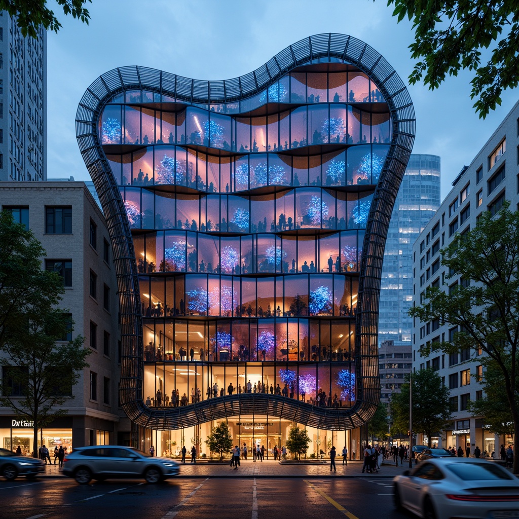 Prompt: Organic metabolism-inspired facade, undulating curves, biomimetic patterns, iridescent colors, translucent materials, kinetic movements, adaptive structures, responsive systems, energy-harvesting skin, photovoltaic tiles, parametric design, futuristic aesthetic, cyberpunk atmosphere, neon-lit cityscape, rainy evening, cinematic lighting, high-contrast shadows, 1/2 composition, shallow depth of field, realistic reflections.