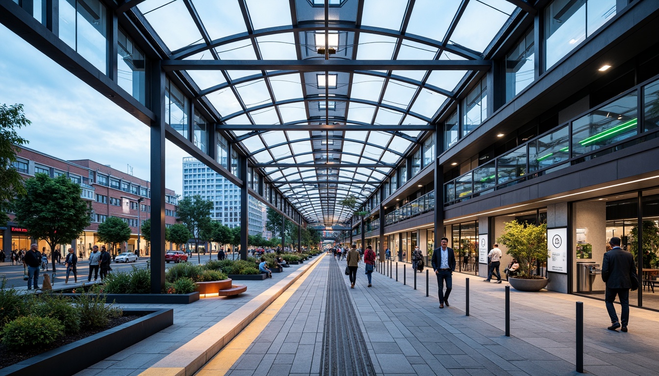 Prompt: Futuristic tram station, curved glass roof, sleek metal framework, vibrant LED lighting, dynamic digital displays, modern urban landscape, bustling city streets, pedestrian-friendly infrastructure, wheelchair-accessible ramps, stainless steel handrails, minimalist benches, real-time information systems, energy-efficient systems, solar-powered canopies, green roofs, urban gardens, abstract geometric patterns, bold color schemes, shallow depth of field, 3/4 composition, panoramic view, realistic textures, ambient occlusion.