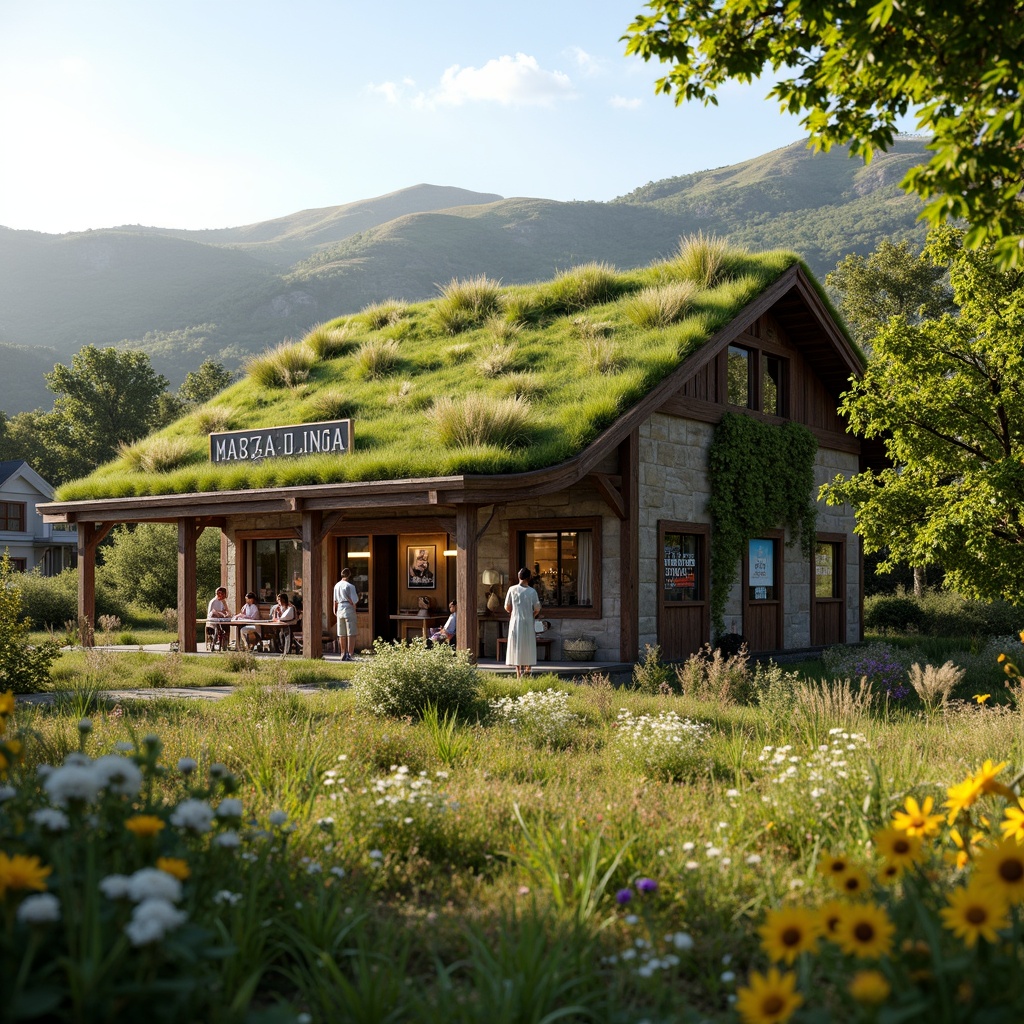 Prompt: Rustic rural cinema, lush green roofs, living walls, eco-friendly materials, natural stone fa\u00e7ade, wooden accents, earthy tones, rolling hills, verdant meadows, wildflower fields, serene countryside, sunny afternoon, warm soft lighting, shallow depth of field, 3/4 composition, panoramic view, realistic textures, ambient occlusion, cinematic entrance, artistic ticket booth, cozy outdoor seating, twinkling string lights, vintage film posters, eclectic decorative elements.