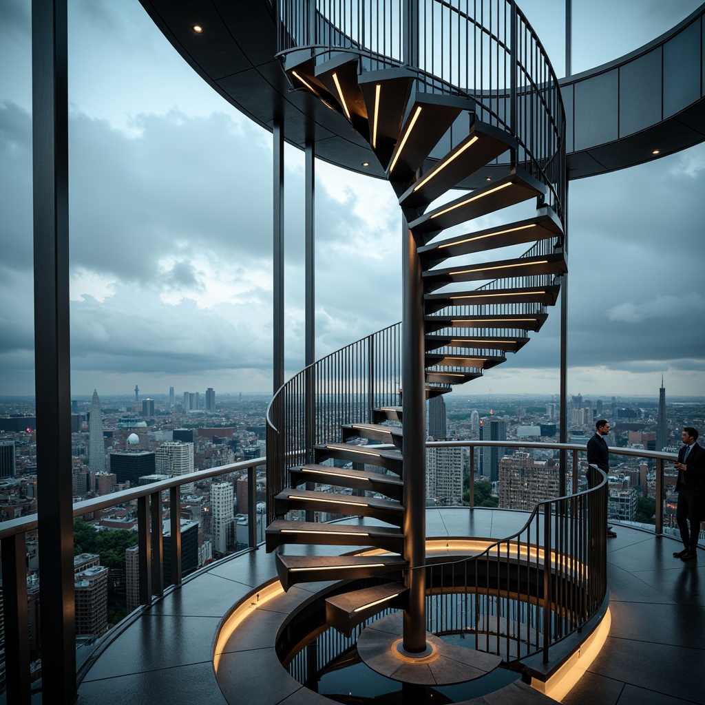 Prompt: Twisted metal framework, spiral staircase, panoramic viewing platform, transparent glass floors, sleek minimalist railings, futuristic curves, neon accent lighting, urban cityscape backdrop, cloudy grey sky, dramatic fog effects, cinematic composition, shallow depth of field, realistic metallic textures, ambient occlusion.