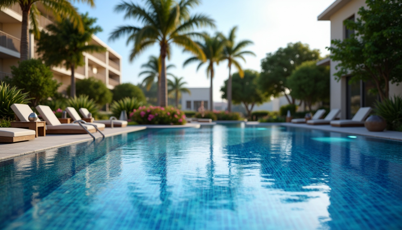 Prompt: Futuristic swimming pool, glowing LED lights, iridescent water effects, sleek metal railings, minimalist deck chairs, infinity edge design, crystal clear water, lush greenery surroundings, palm trees, vibrant tropical flowers, warm sunny day, soft focus blur, shallow depth of field, 1/2 composition, realistic water simulation, ambient occlusion.