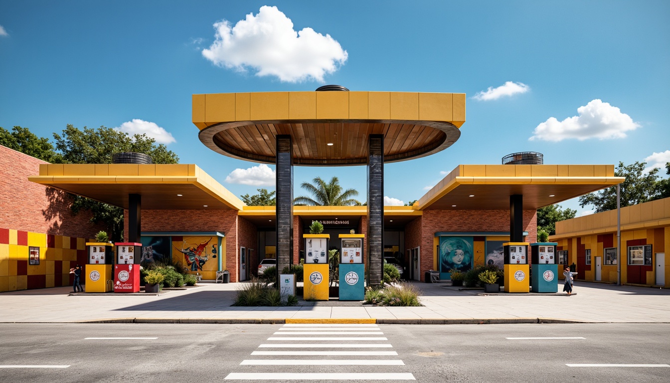 Prompt: Vibrant gas station, bold geometric shapes, primary color scheme, contrasting black and white accents, functional industrial pipes, sleek metal canopies, minimalist typography, circular signage, retro-futuristic feel, bright sunny day, high-contrast lighting, deep shadows, 1/1 composition, central symmetry, graphic patterns, bold stripes, modernist architecture, industrial materials, distressed concrete walls, polished steel surfaces, abstract art-inspired murals.