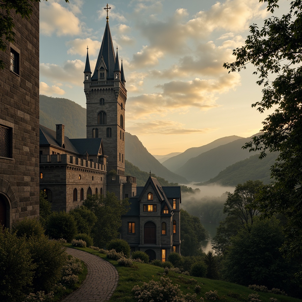 Prompt: Majestic medieval towers, rustic stone walls, ornate Gothic spires, misty atmospheric lighting, warm golden sunsets, rolling hills, lush green forests, winding cobblestone paths, intricately carved wooden doors, stained glass windows, cozy candlelit interiors, mysterious ancient artifacts, mystical foggy mornings, dramatic cloud formations, 1/1 composition, low-angle shot, cinematic lighting, rich textures, ambient occlusion.