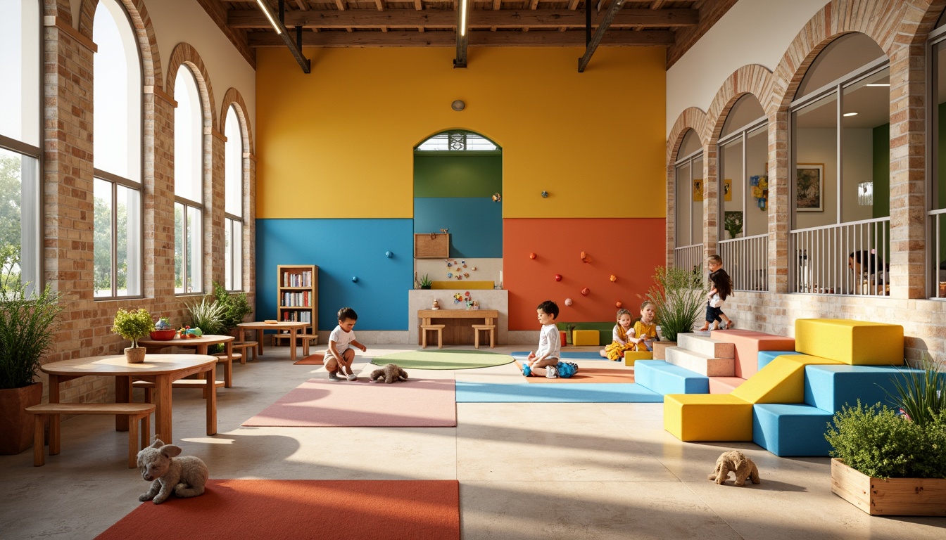 Prompt: Vibrant kindergarten playground, bright color blocks, playful climbing walls, soft padded floors, wooden educational toys, child-sized furniture, natural stone masonry texture, warm beige colors, rustic brick accents, curved archways, large windows, cozy reading nooks, gentle natural lighting, shallow depth of field, 1/2 composition, panoramic view, realistic textures, ambient occlusion.