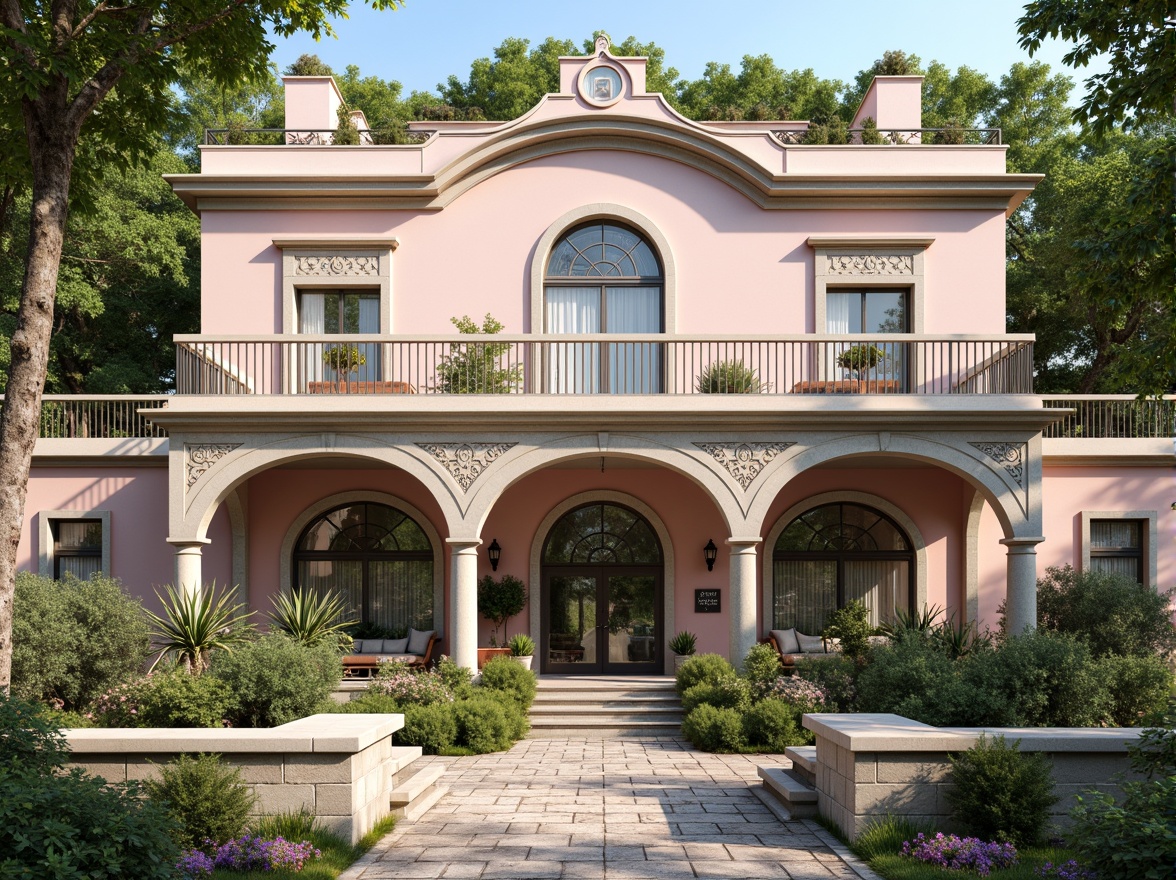 Prompt: Whimsical clinic facade, soft pastel colors, ornate Victorian details, grand entrance archways, delicate ironwork balconies, stained glass windows, rustic stone walls, lush greenery, blooming flowers, serene atmosphere, warm natural lighting, shallow depth of field, 3/4 composition, panoramic view, realistic textures, ambient occlusion.