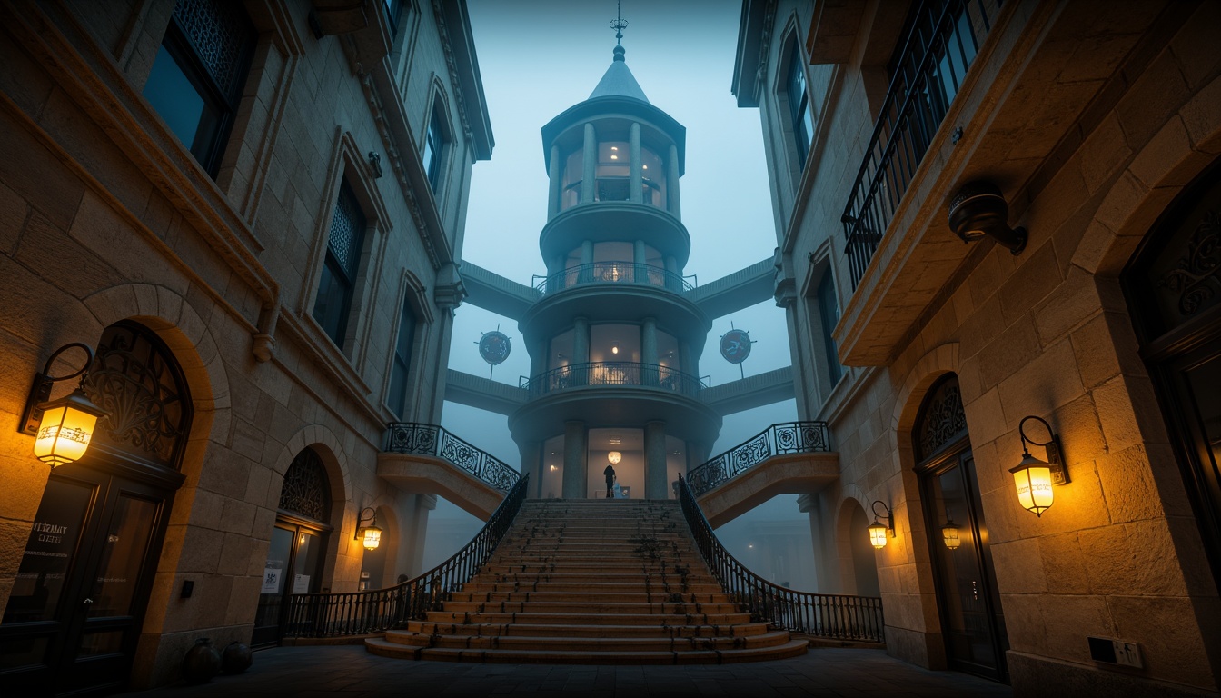 Prompt: Twilight viewing tower, eerie fog, mysterious lanterns, winding staircases, ancient stone walls, Gothic arches, mystical symbols, ornate iron railings, grandiose architecture, misty atmosphere, warm golden lighting, shallow depth of field, 1/2 composition, cinematic view, realistic textures, ambient occlusion.