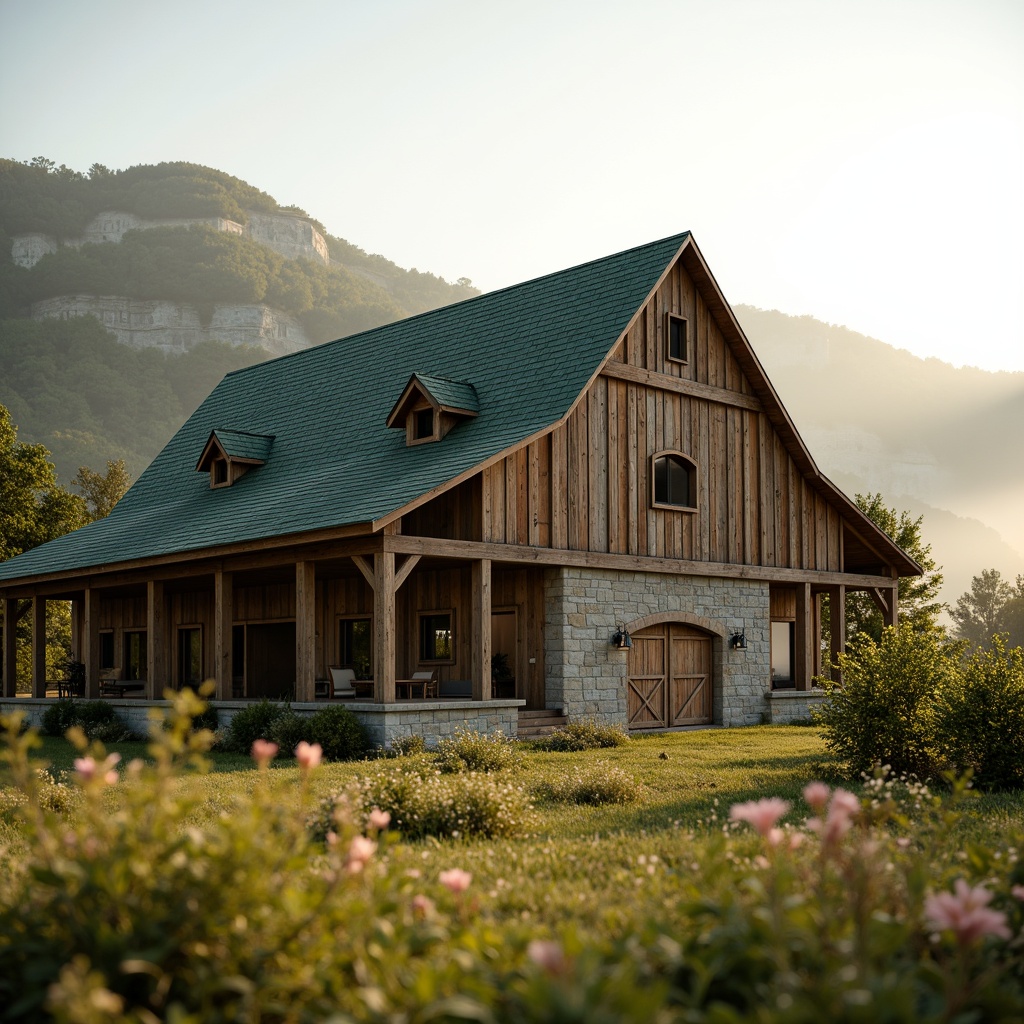 Prompt: Rustic barn, neoclassical facade, stone walls, wooden accents, green roof, overhanging eaves, symmetrical composition, ornate details, elegant columns, natural surroundings, rolling hills, lush meadows, wildflowers, serene countryside, soft misty morning, warm golden lighting, shallow depth of field, 1/1 composition, panoramic view, realistic textures, ambient occlusion.