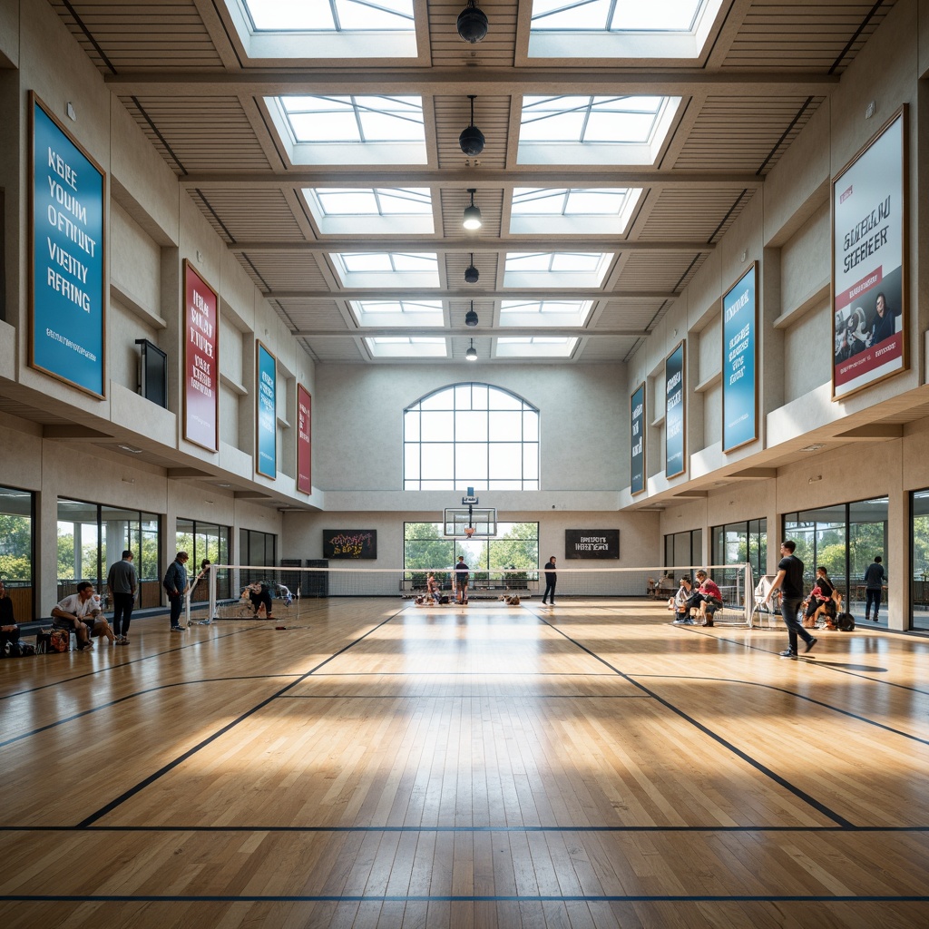 Prompt: Modern gymnasium interior, abundant natural light, high ceilings, clerestory windows, skylights, polished wooden floors, mirrored walls, athletic equipment, basketball hoops, tennis courts, volleyball nets, motivational quotes, inspirational posters, refreshing color scheme, calming atmosphere, soft indirect lighting, 1/2 composition, shallow depth of field, realistic reflections.