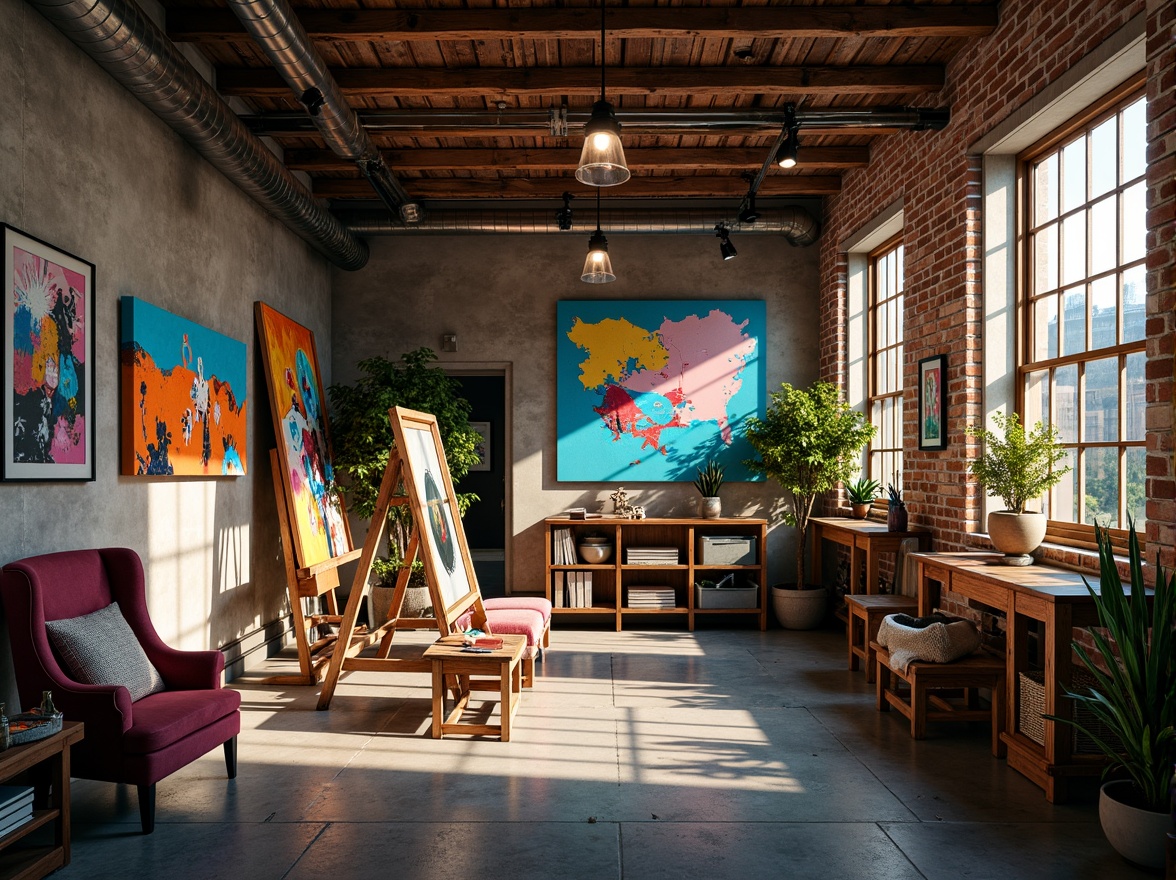 Prompt: Vibrant art studio, eclectic furniture, abstract artwork, bold brushstrokes, expressive colors, rich textures, wooden easels, artistic utensils, natural light pouring in, industrial-chic architecture, exposed brick walls, metallic accents, moody atmosphere, dramatic shadows, soft warm lighting, 3/4 composition, shallow depth of field, realistic renderings.