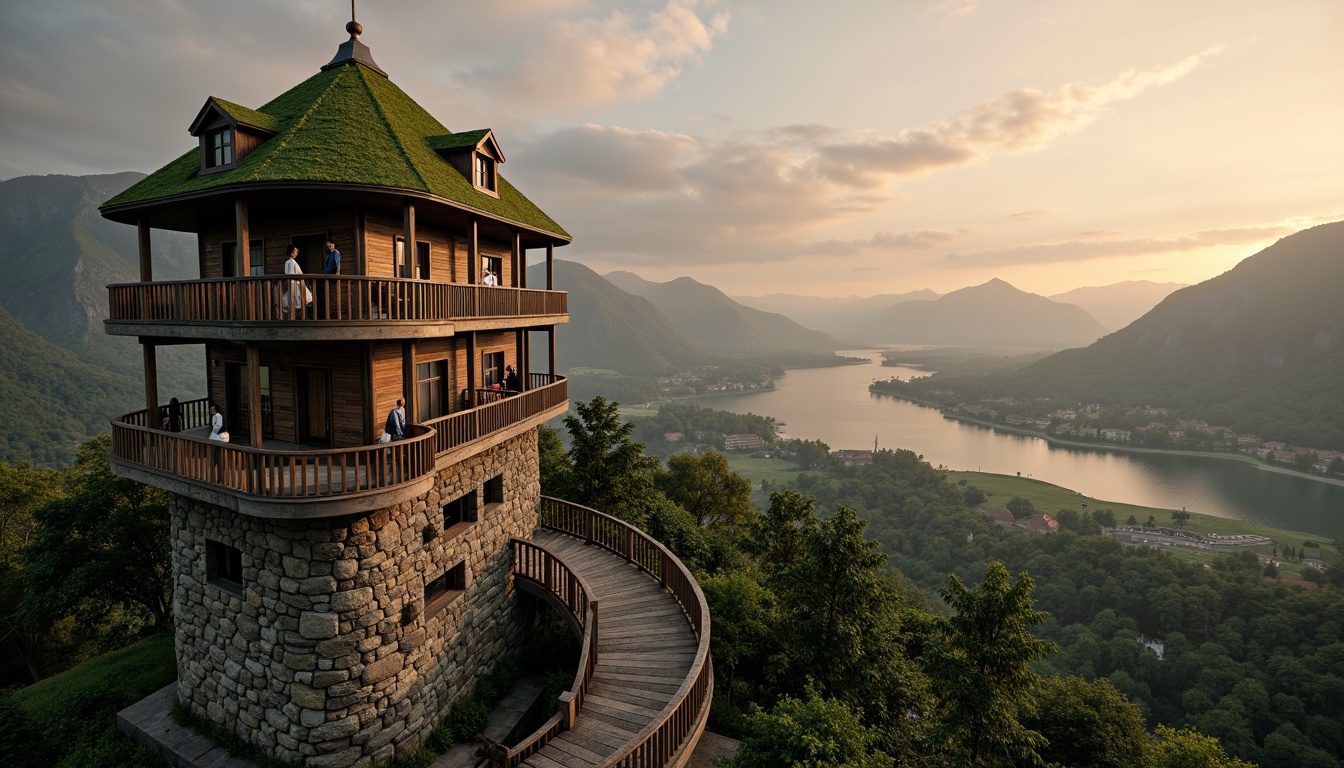 Prompt: Majestic watchtower, rustic stone walls, verdant green roofs, winding staircases, panoramic views, binoculars, telescopes, nature-inspired patterns, wooden accents, earthy tones, blended landscape, rolling hills, serene lakeside, misty mountains, dramatic skies, warm sunset lighting, atmospheric perspective, 1/2 composition, soft focus effect, realistic foliage, ambient shadows.