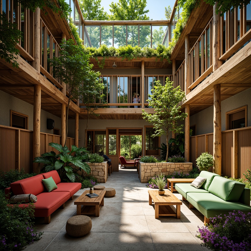 Prompt: Rustic student hall, organic architecture, reclaimed wood accents, natural stone walls, earthy color palette, lush green roofs, living walls, bamboo flooring, wooden beams, exposed brick ceilings, cozy nooks, comfortable seating areas, warm lighting, soft shadows, 1/1 composition, intimate atmosphere, realistic textures, ambient occlusion.