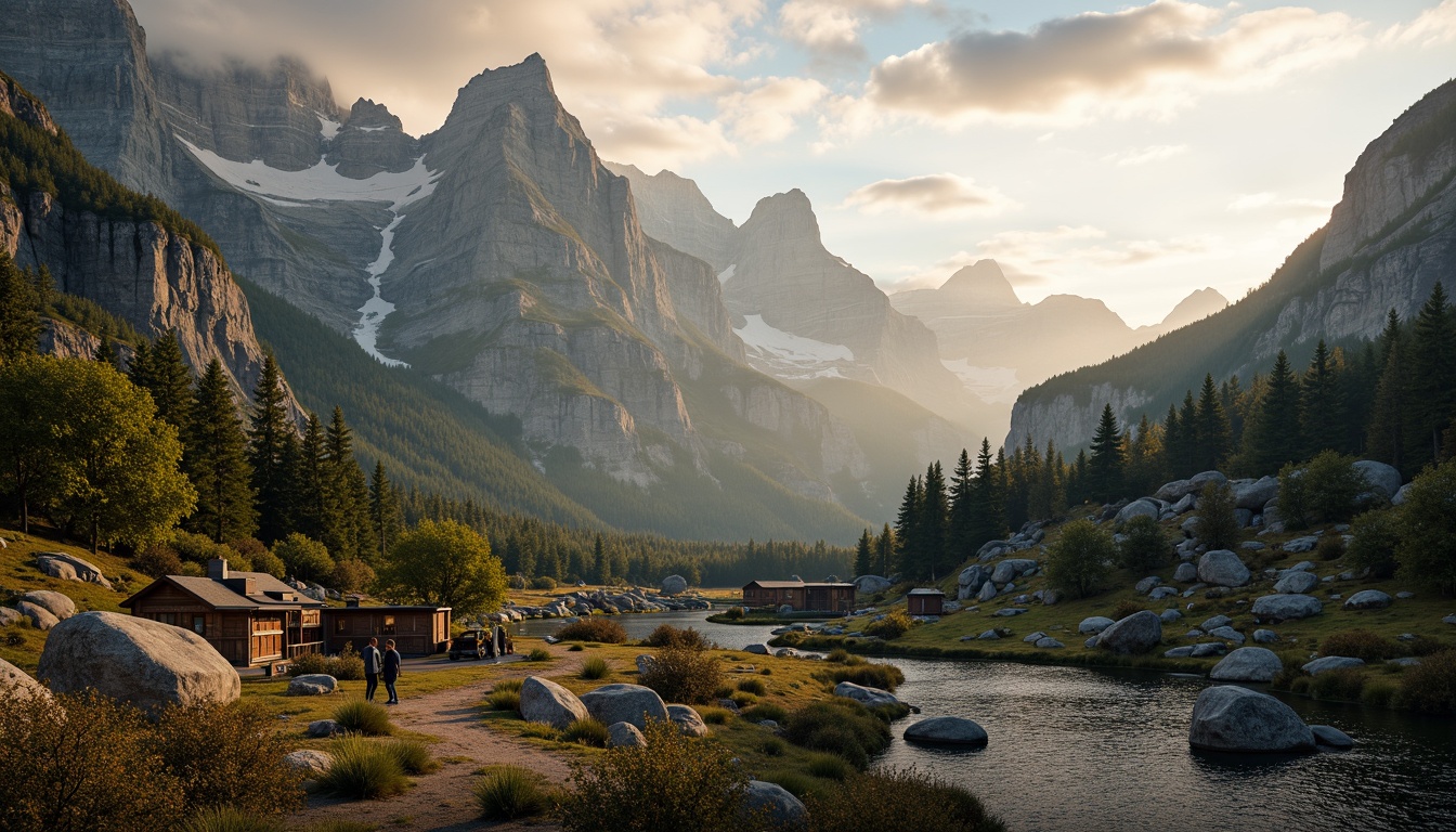 Prompt: Majestic mountain peaks, rugged rocky formations, serene alpine lakes, lush green forests, misty foggy atmosphere, warm golden sunlight, soft cloud textures, rustic wooden cabins, cozy fireplace settings, vintage outdoor gear, earthy brown terrain, moss-covered boulders, icy blue glaciers, snow-capped summits, dramatic cloudy skies, cinematic wide-angle shots, 1/2 composition, natural ambient lighting, realistic rock details.